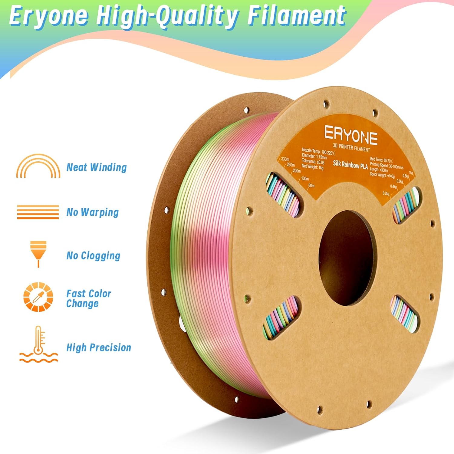 Thumbnail 3 de ERYONE EUMRP Silk Rainbow PLA Filament, 1.75 mm, 1 kg, Metallic Multicolor