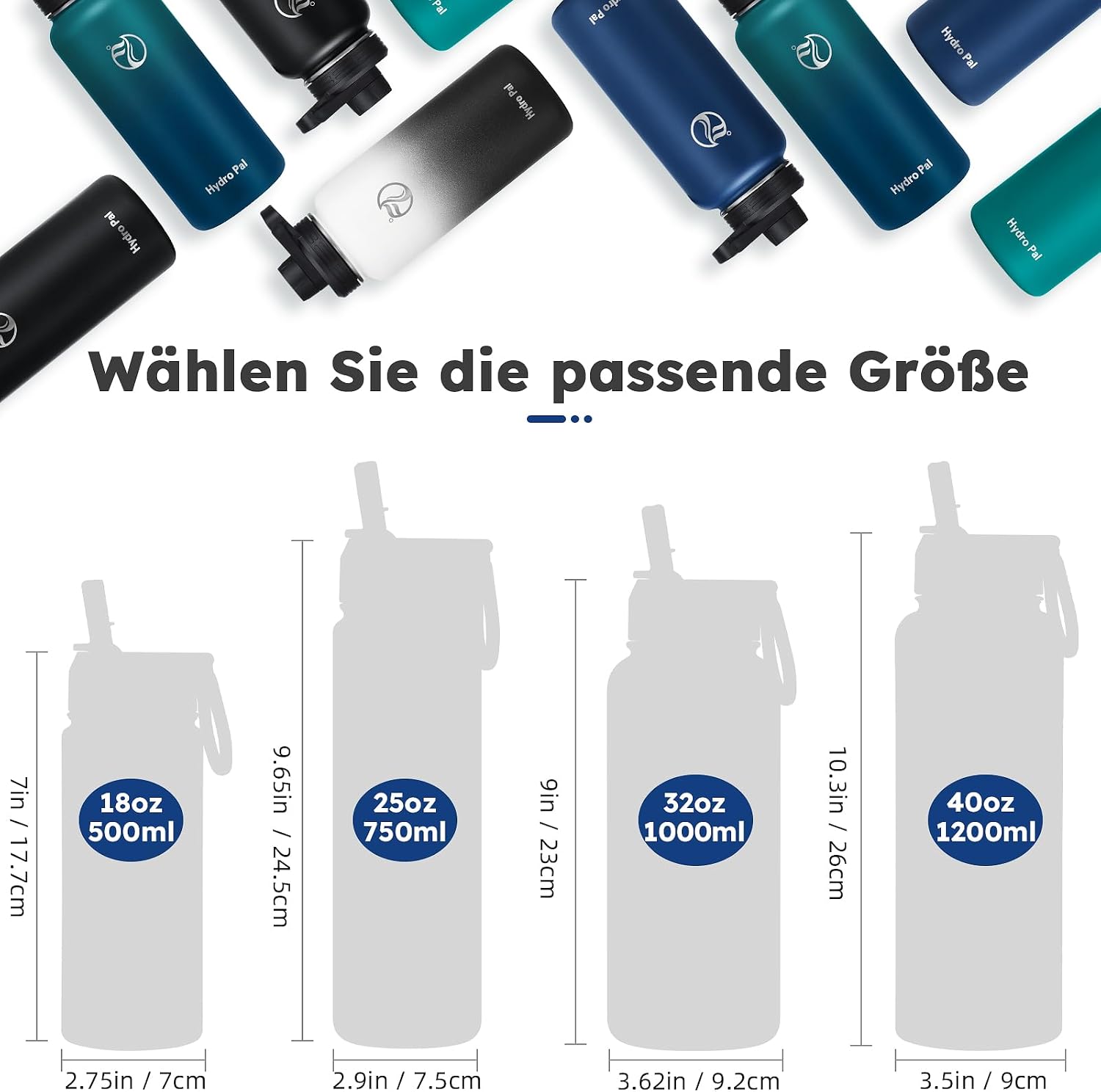 Detalle de HydroPal Isolierflasche 1200ml – Edelstahl, BPA-frei, 24h kalt / 12h heiß, auslaufsicher mit zwei Deckeln und Strohhalm