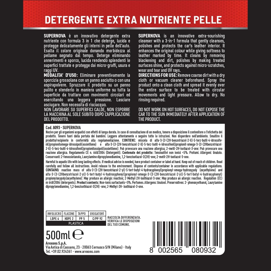 Detalle de Arexons Car Care Pro SUPERNOVA – Detergente Pelle Extra Nutriente, lucido e protegge gli interni in pelle (500ml)