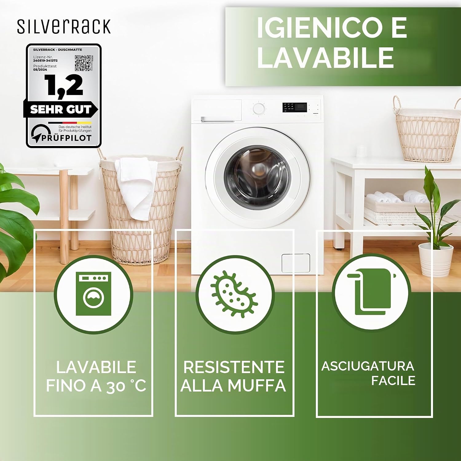 Detalle de SilverRack DermaSensitivo – Tappetino da doccia antiscivolo 53x53 cm, 100% senza BPA