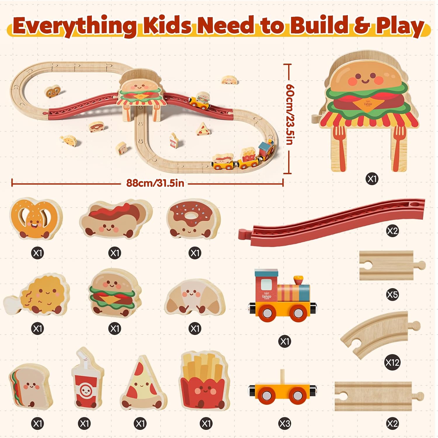 Thumbnail 6 de Lehoo Castle WTT-007 Wooden Train Set, 36 Pieces, Burger-Themed Play