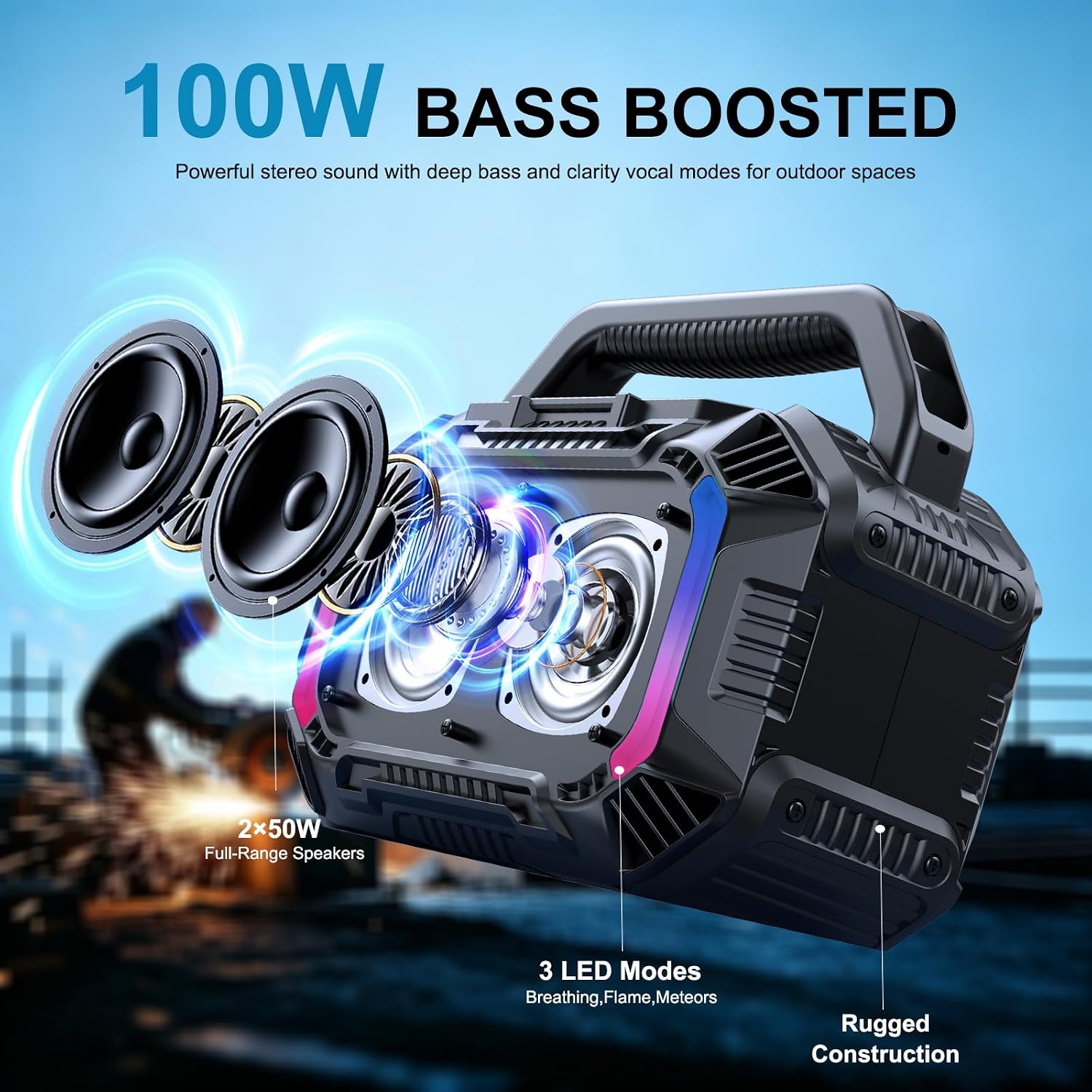 Detalle de OMUCA 100W Bluetooth Portable Speaker (IPX7, Floatable, RGB Light, 20H) – Black