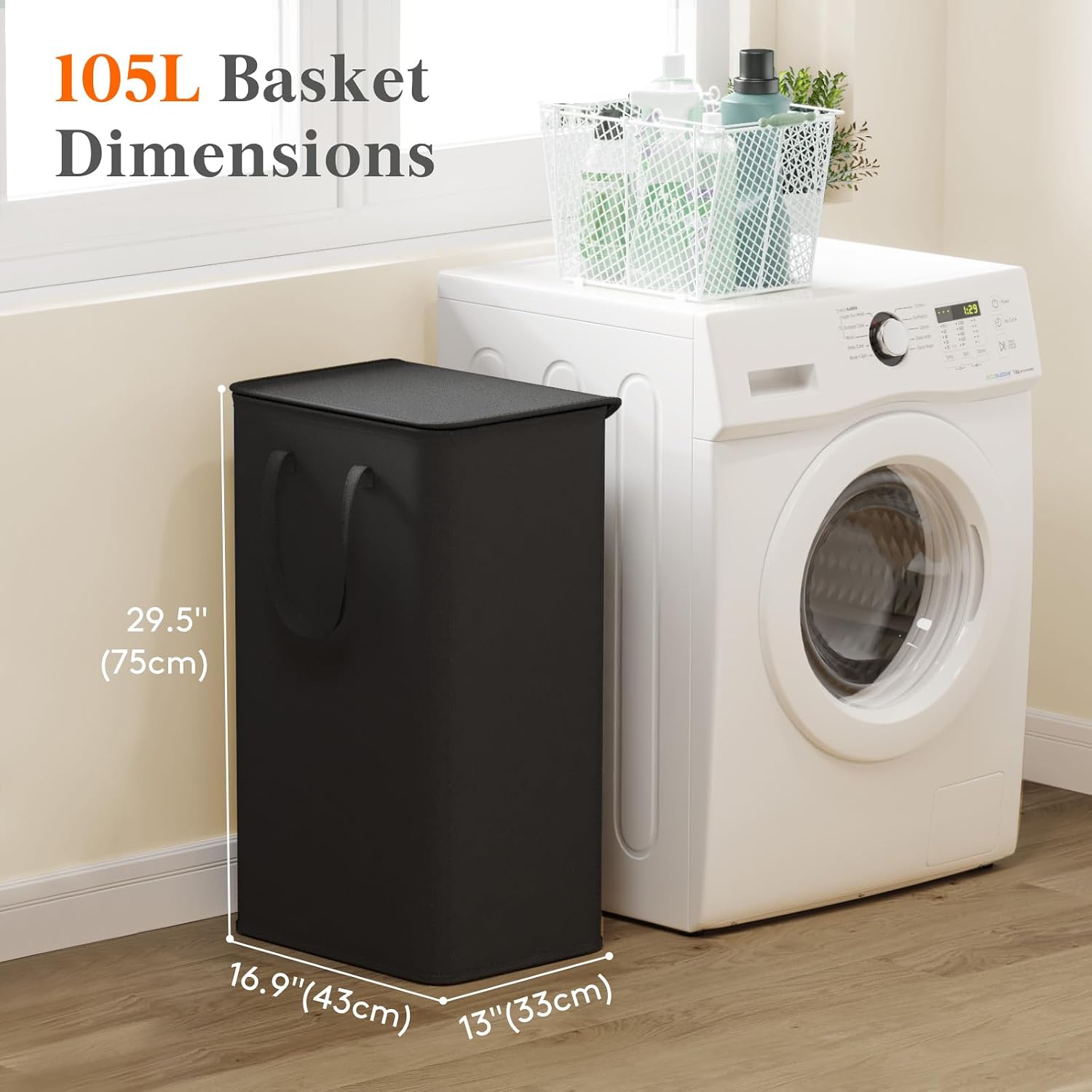 Detalle 2 de Lifewit 25069 Slim Laundry Basket with Lid, 105 L, Foldable, Black