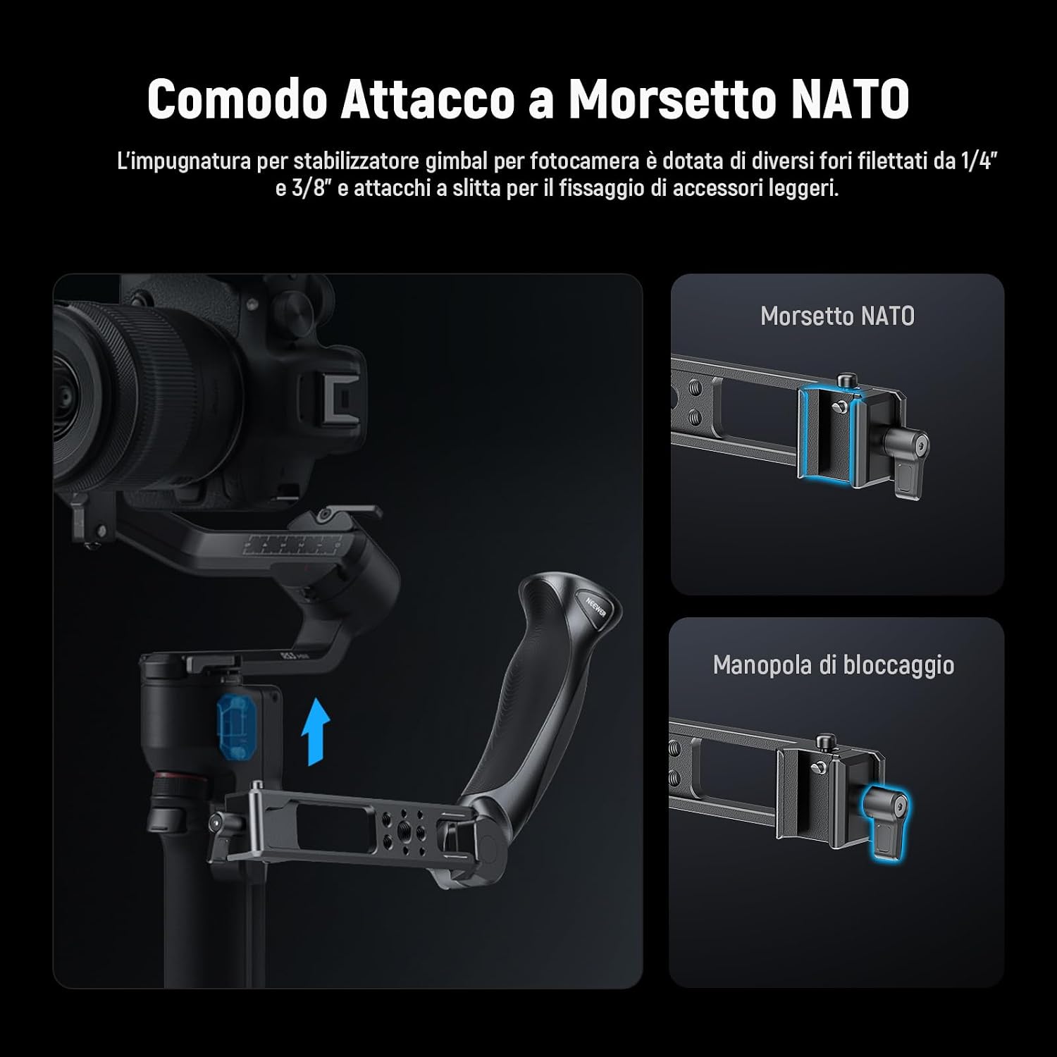 Detalle de NEEWER Basic CA143, maniglia gimbal regolabile per riprese dal basso (compatibile con serie DJI Ronin RS)
