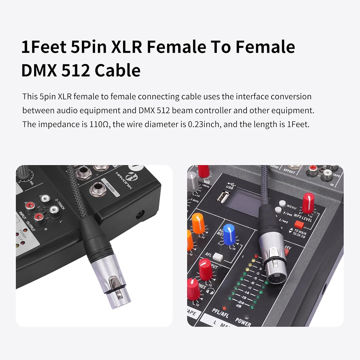 Detalle de HUALEU GY5FF-180 5-Pin DMX512 XLR Cable, 6 ft, 2-Pack