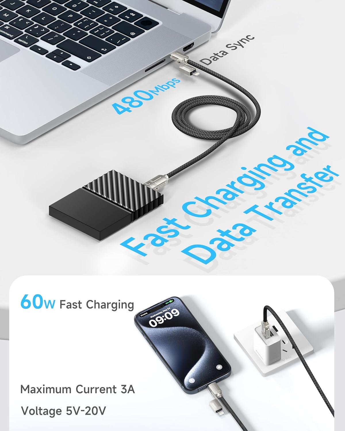 Thumbnail 1 de RAVIAD 4-in-1 Multi Charger Cable (60W PD) – 3A Fast Charging USB C/Lightning (3m)