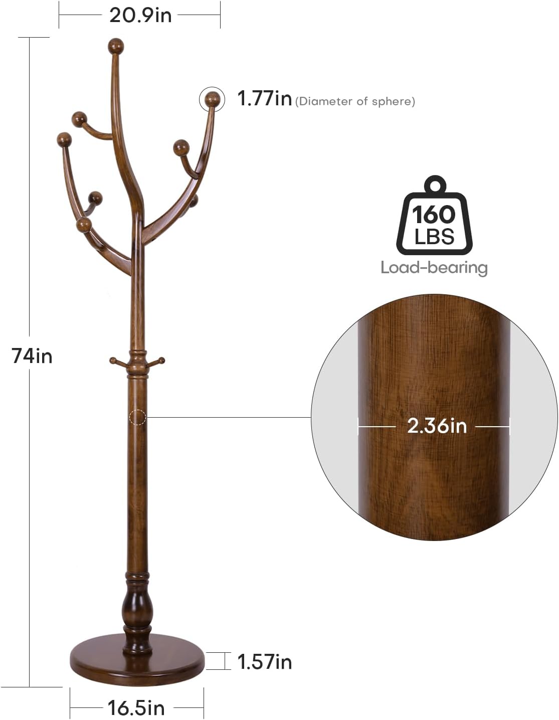 Detalle 2 de Bekrvio Wood Coat Rack, Walnut Finish