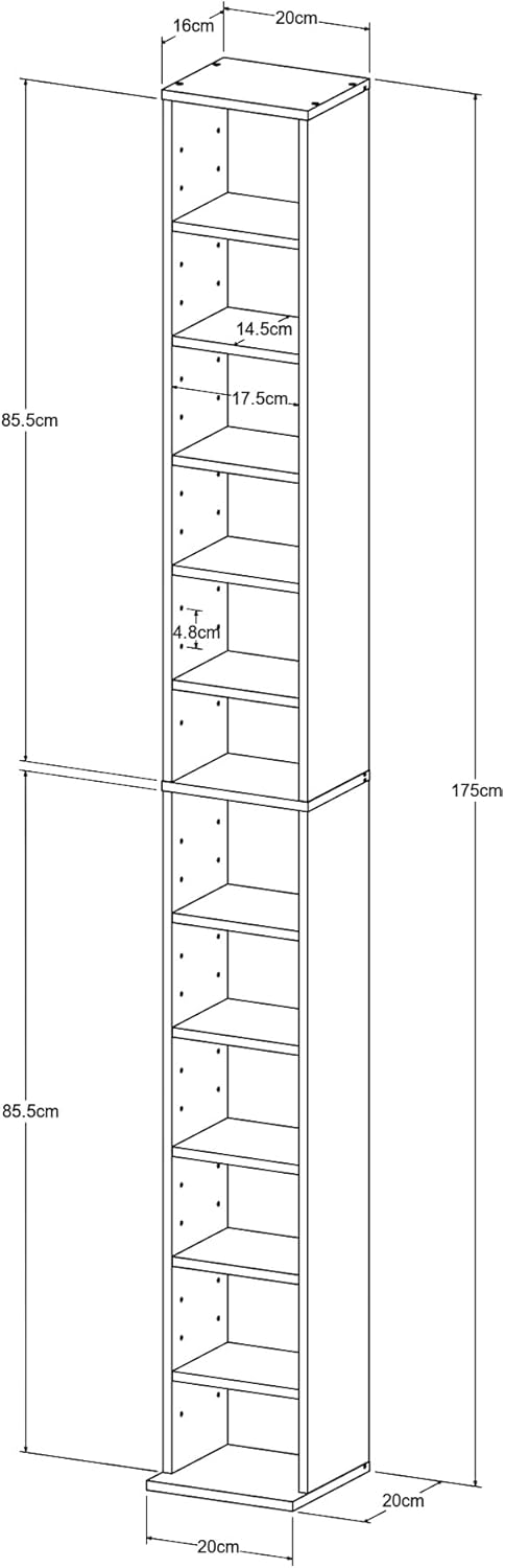 Thumbnail 3 de [en.casa] Tour CD/Étagère DVD avec 12 surfaces de stockage réglables, 175 x 20 x 20 cm, effet chêne Sonoma