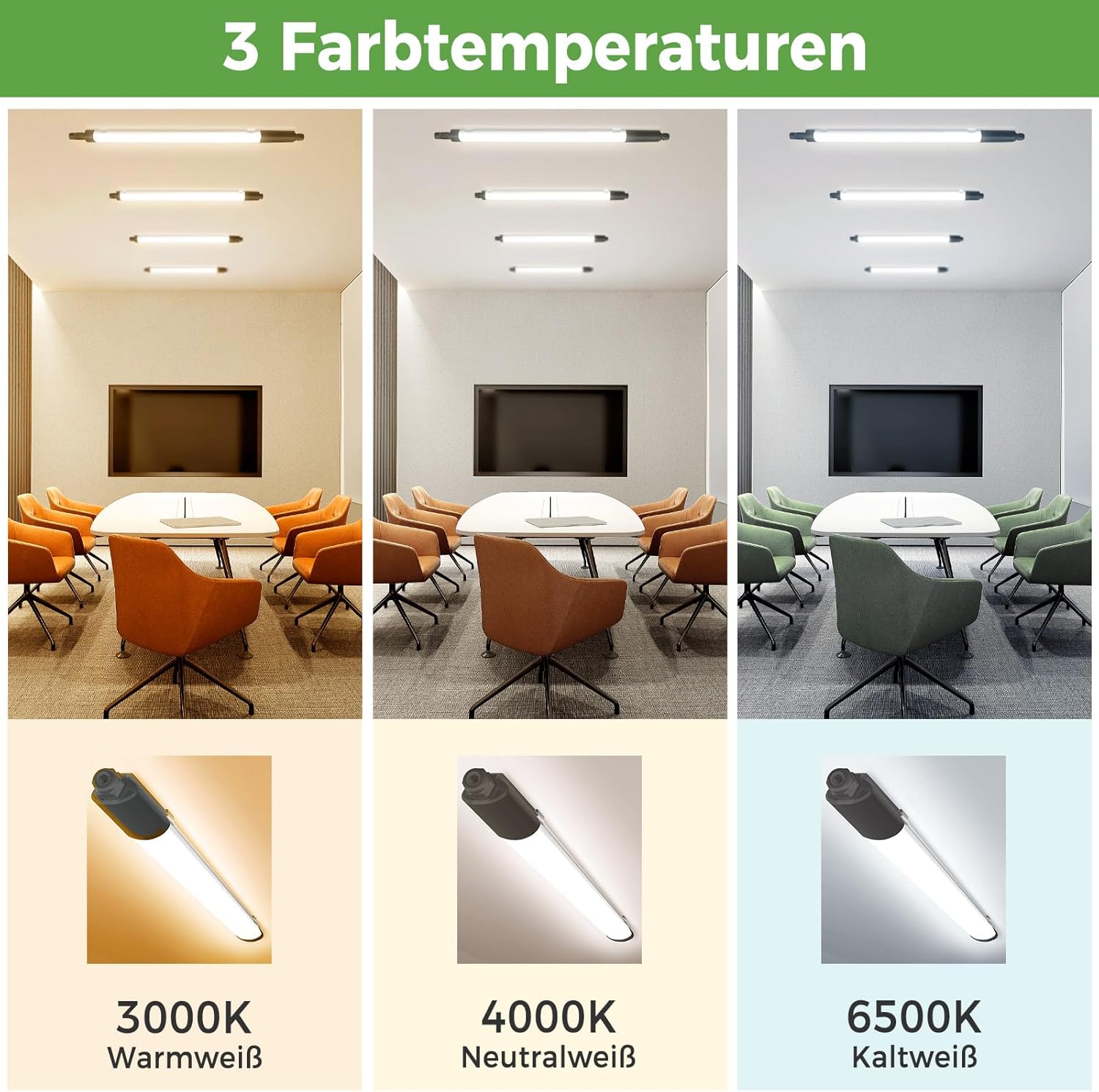 Thumbnail 1 de zemty Feuchtraumleuchte LED Röhre 60 cm (IP65) mit 3 Farbtemperaturen 18 W