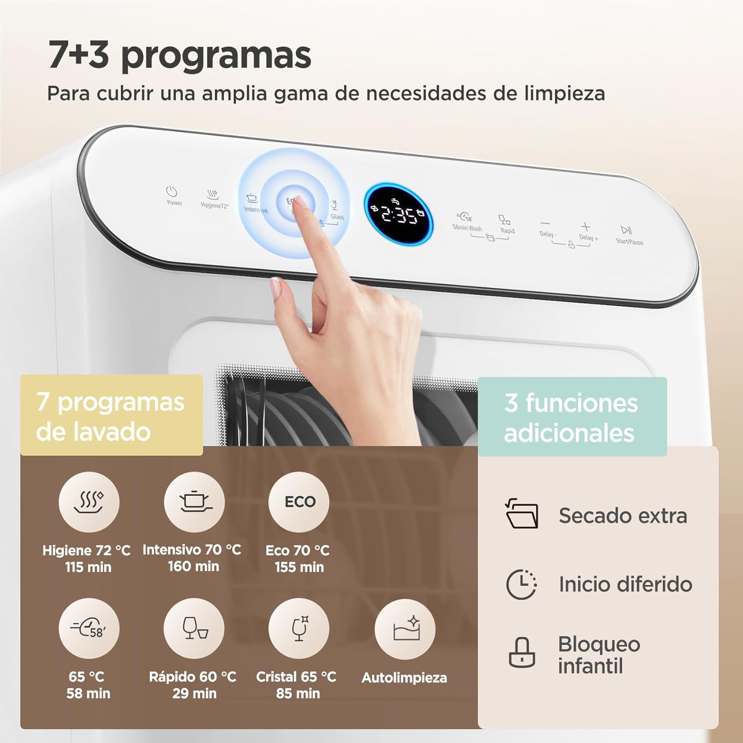 Thumbnail 3 de COMFEE CDWMT305WD: Mini lavavajillas de sobremesa compacto con 7 programas y apertura automática