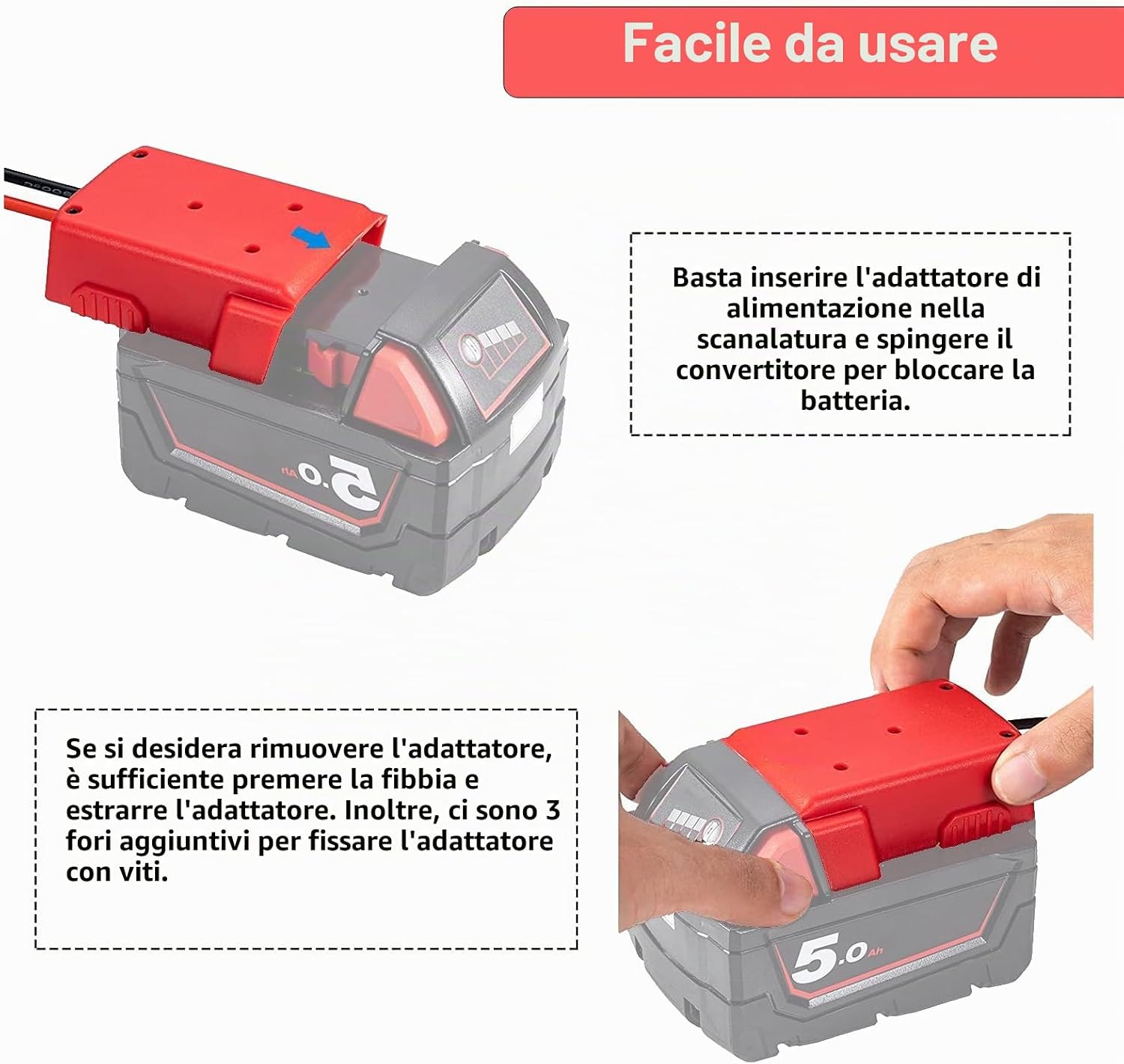 Thumbnail 3 de Adattatore per Batteria Milwaukee 18V M18 XC18 con Connettore di Alimentazione e Foro di Fissaggio