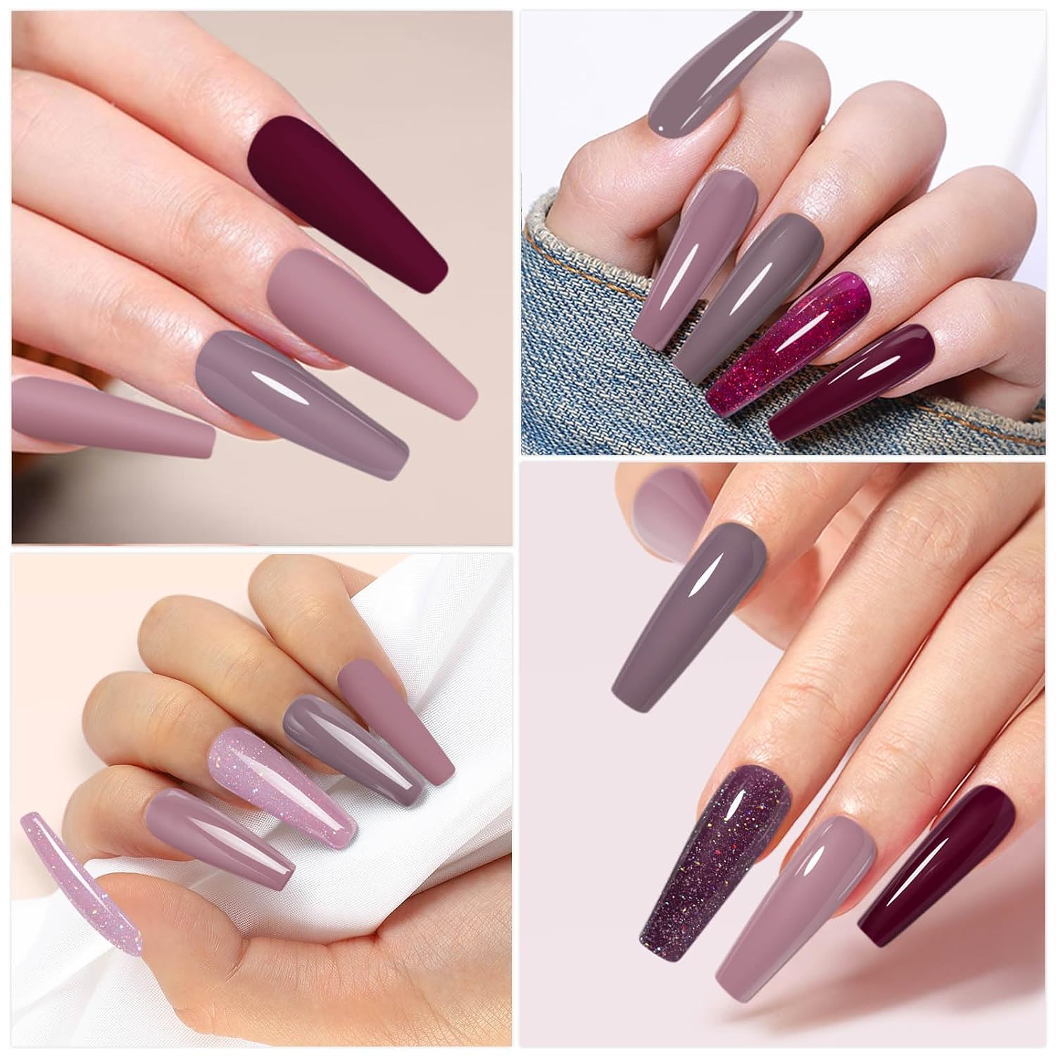 Detalle de YSUVIN UV Nagellack Set – 6 Farben Burgund, Taupe, Rosa, Lila Glitzer (8 ml) für DIY Nail Art