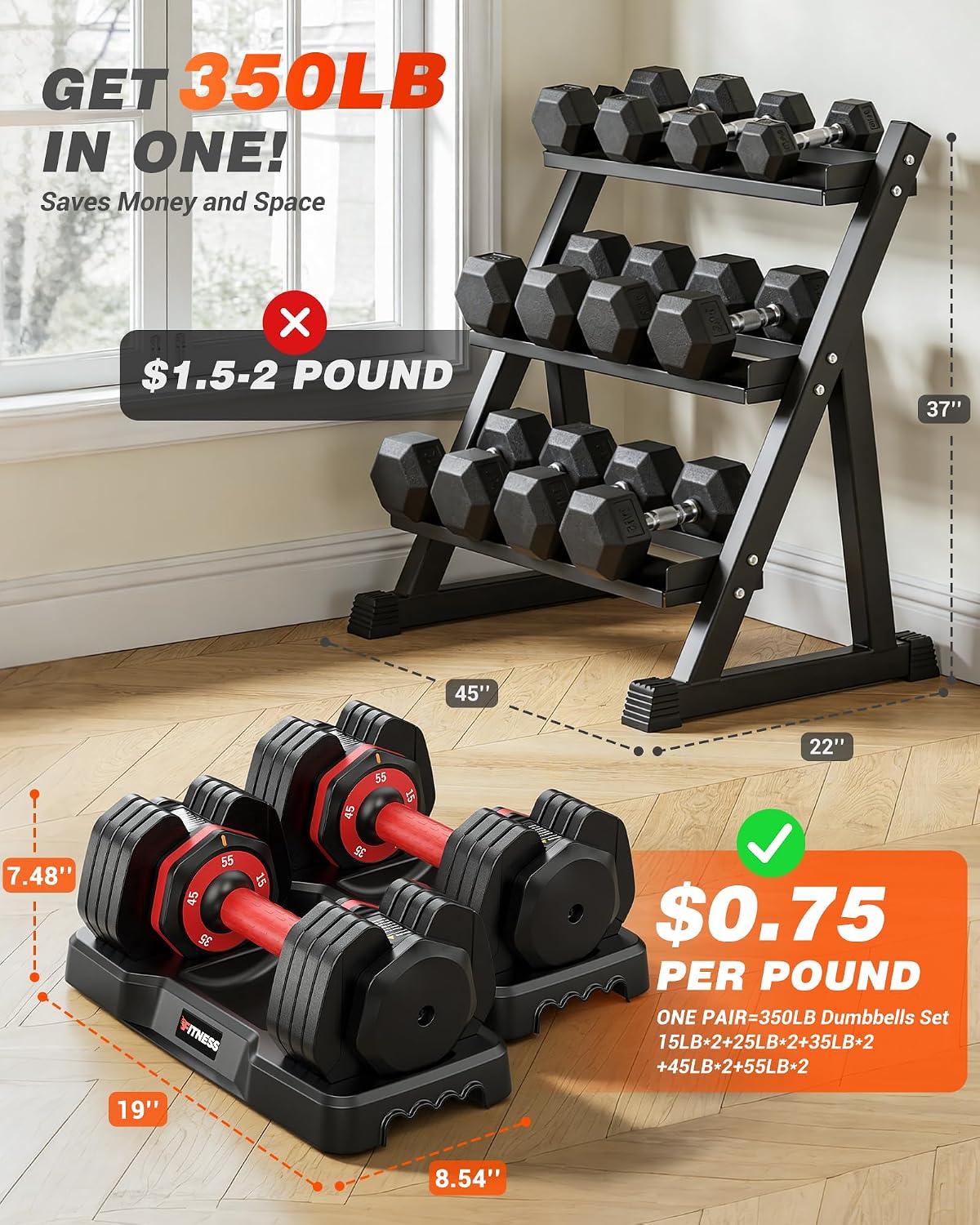 Thumbnail 6 de Rendpas Adjustable Dumbbell Set of 2, 15–55 lb Quick-Lock Weights