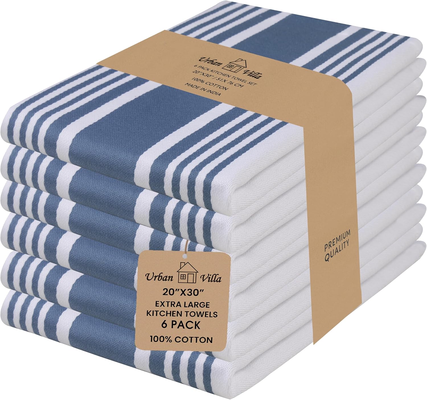 Detalle de Urban Villa Kitchen Towels Set (Blue & White Striped) — 100% Cotton Dish Cloths, Set of 6, 20x30 Inch