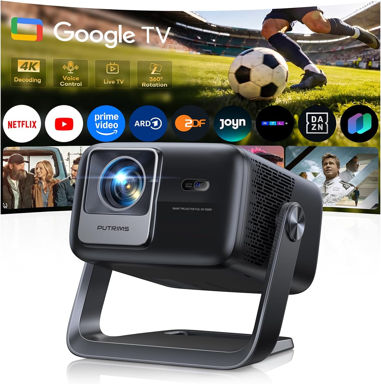 Detalle de Smart Beamer mit Google TV und 30W Lautsprechern – PUTRIMS P66 4KLED Beamer