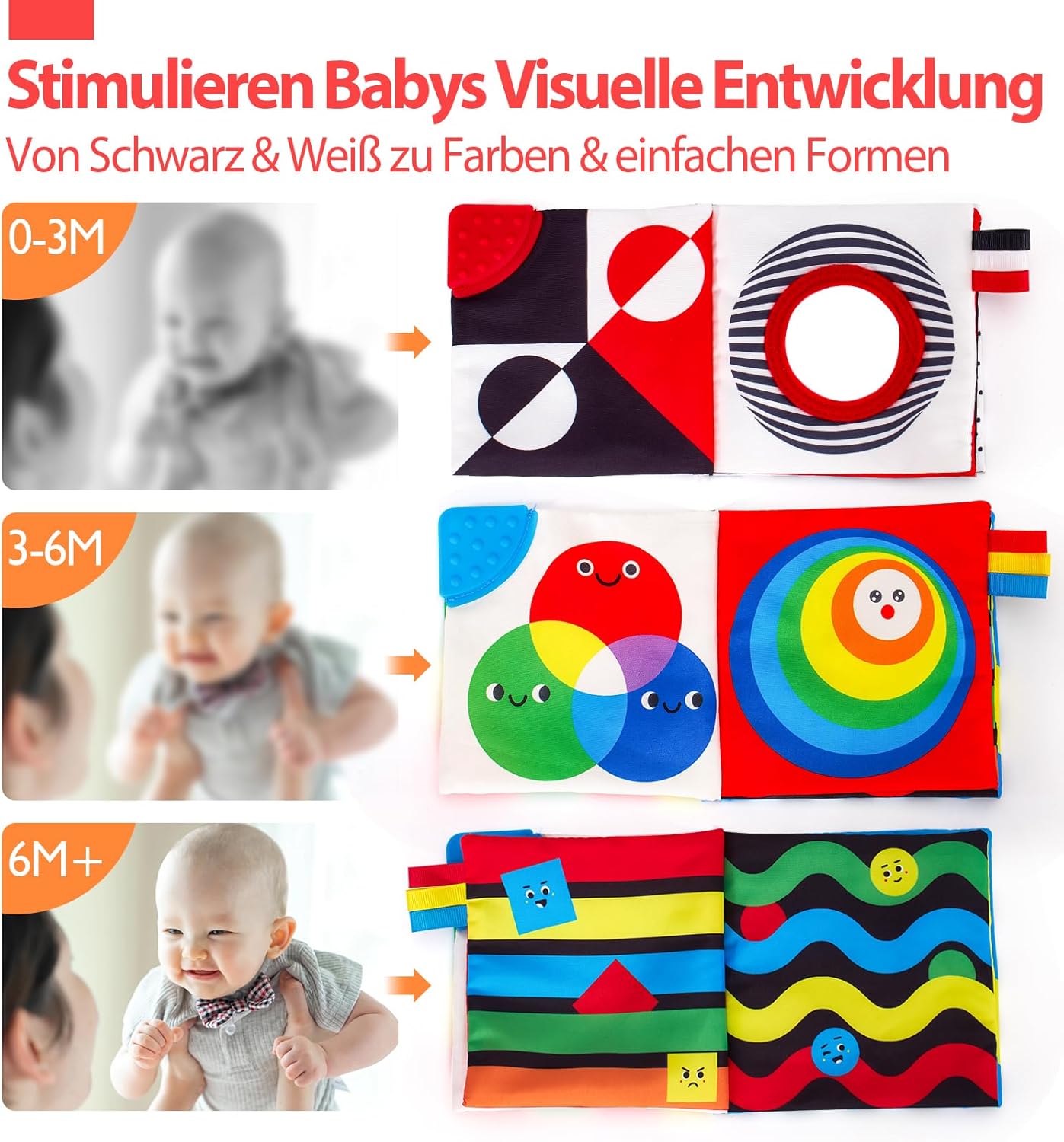 Detalle de hahaland Kontrastkarten Baby Stoffbuch Set (2-teilig) Schwarz-Weiß mit Spiegel, für 0–3/6 Monate