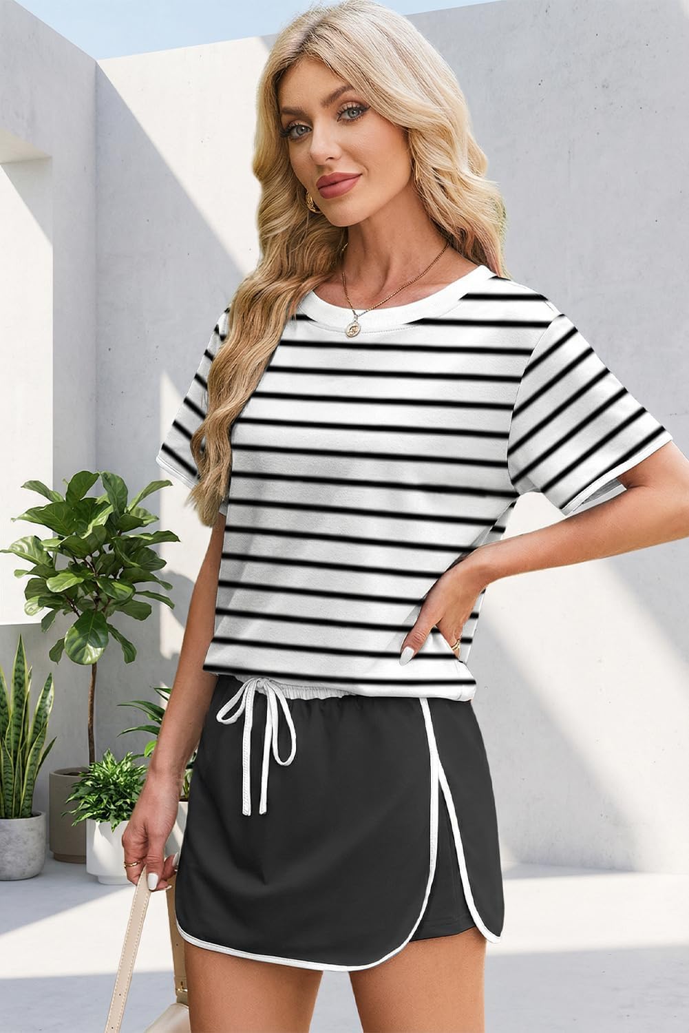 Detalle de Opemiby Womens 2-Piece Skort Set (Color Block) — Short Sleeve Top & Drawstring Skort Outfit