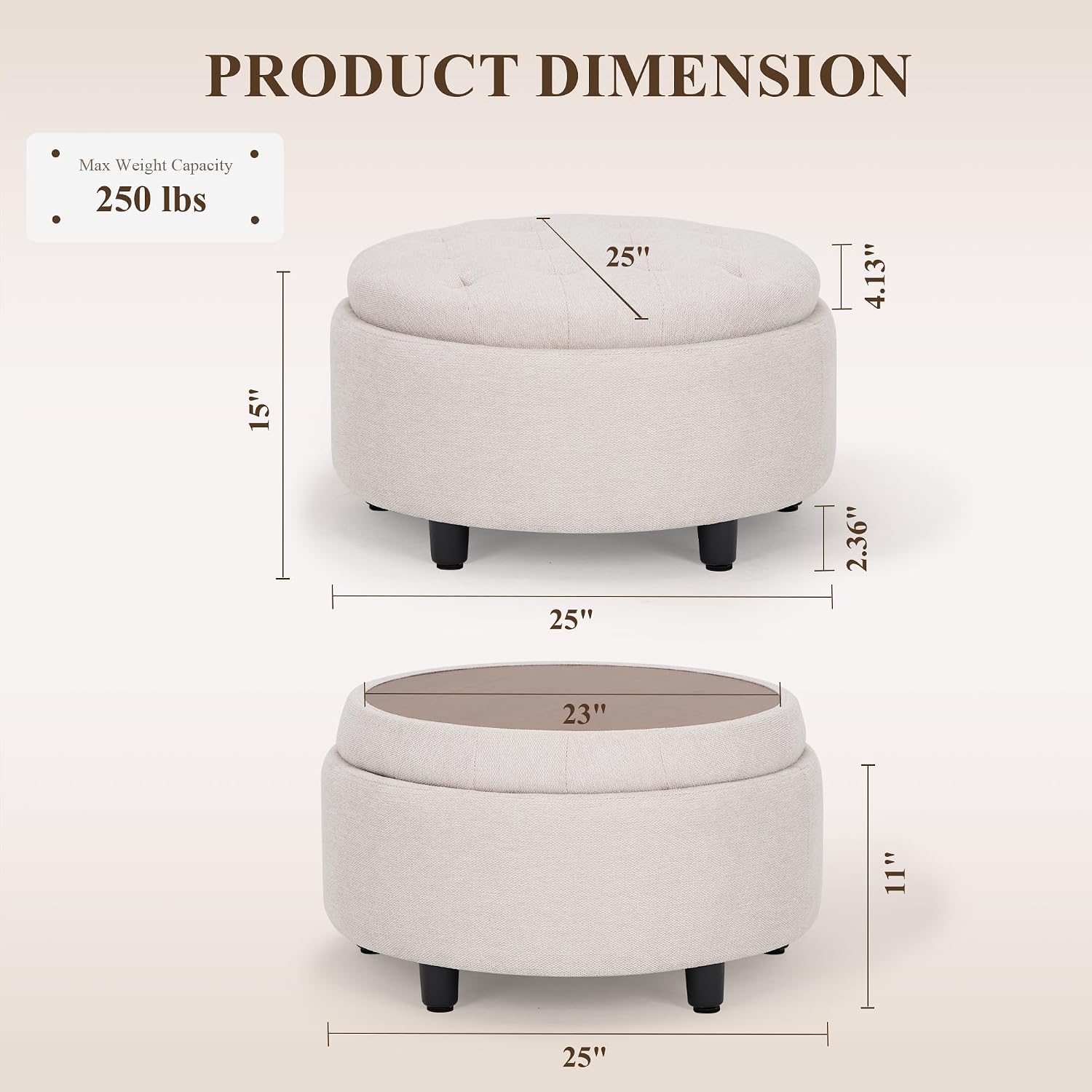 Detalle de COLAMY Round Storage Ottoman, Beige