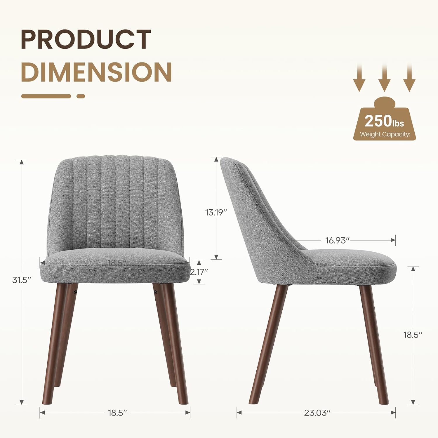 Detalle de MALOL VC-DCW21-GY-FB Dining Chairs, Grey Fabric, Set of 2
