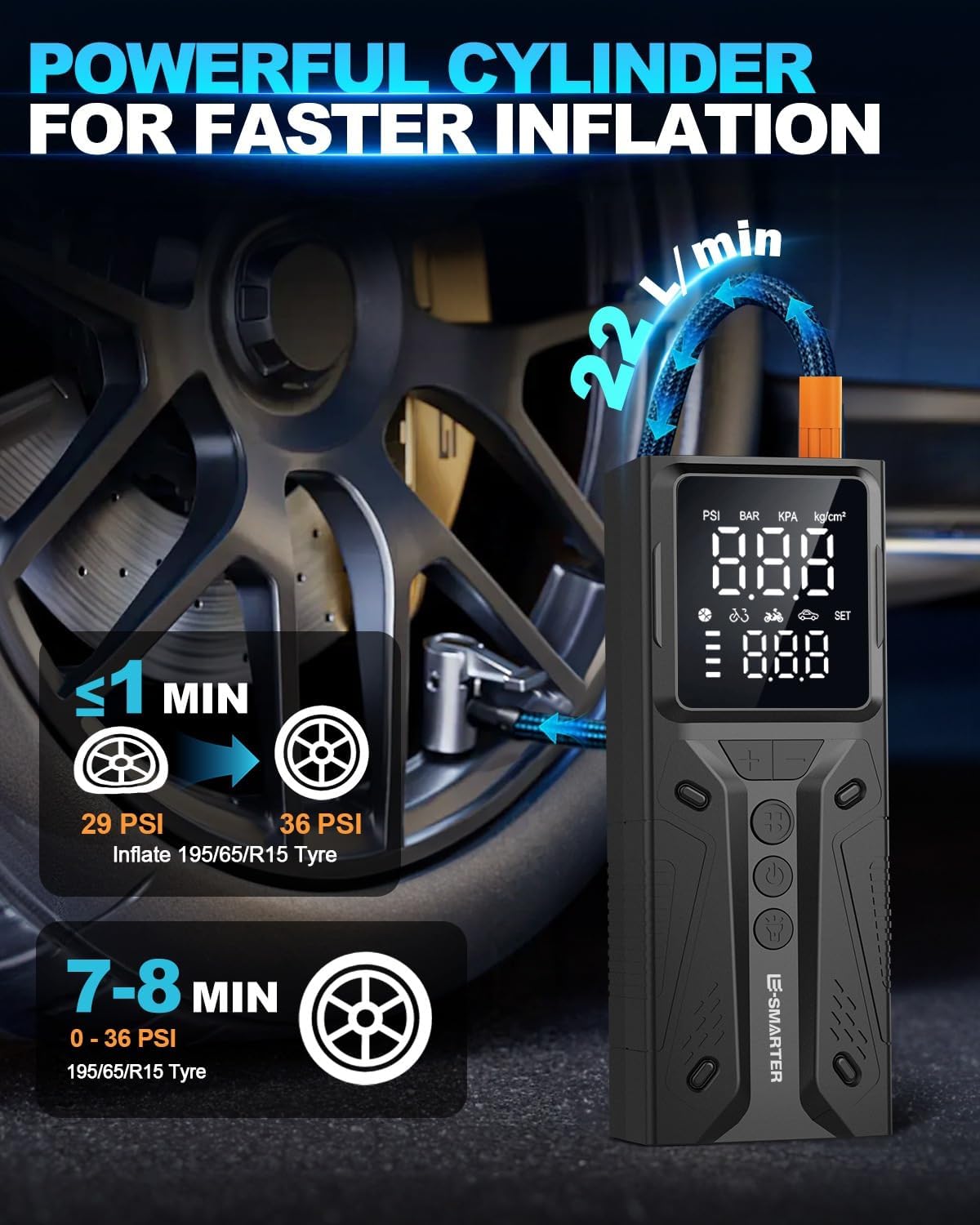 Detalle de E-SMARTER Tyre Inflator Air Compressor 6000mAh (150 PSI) with LCD and overinflate protection