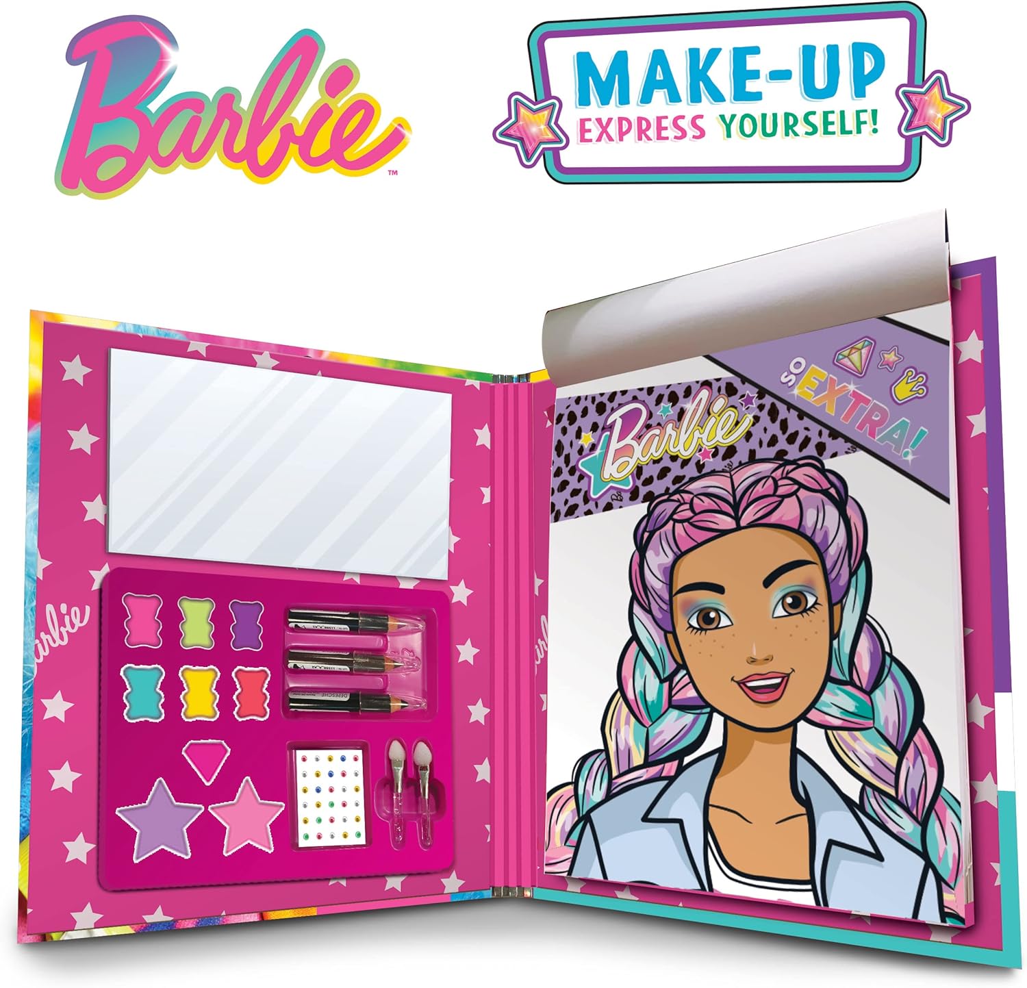 Detalle de BARBIE Make-Up Express Yourself! Sketchbook & Make-Up Bag – 44-Page Activity Kit