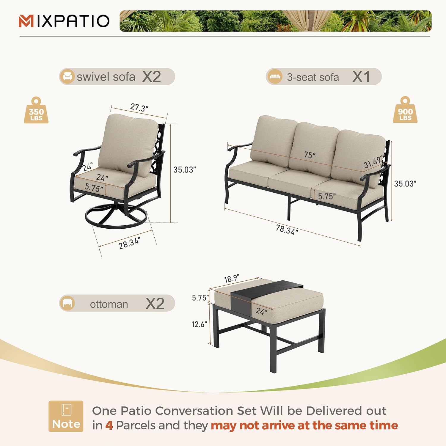 Detalle de MIXPATIO 5-Piece Wrought Iron Patio Conversation Set with Swivel Chairs