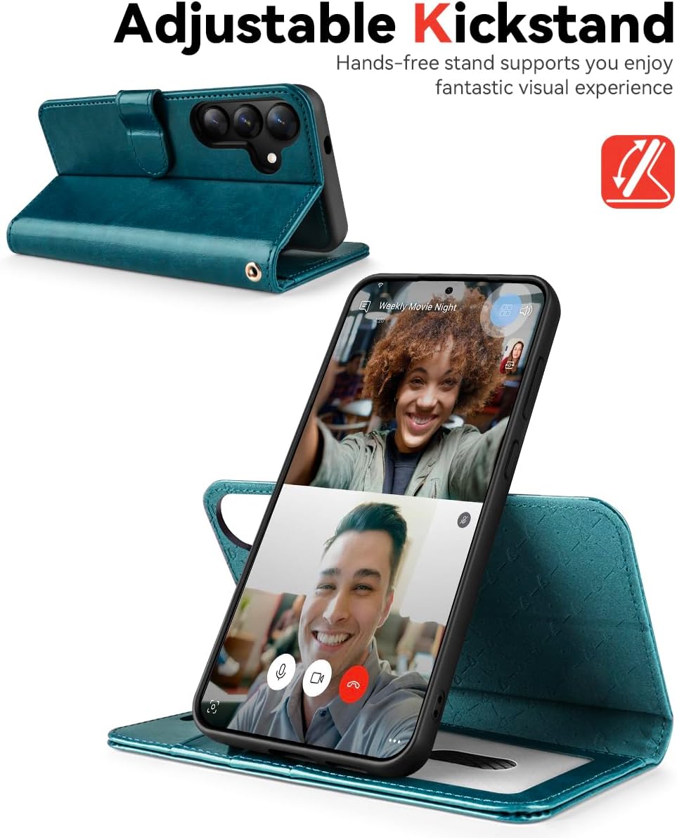 Detalle de OCASE 2in1 Hülle für Samsung Galaxy S25 – Magnete, Kartenfach und RFID-Schutz in Lederoptik (Peacock Blue)