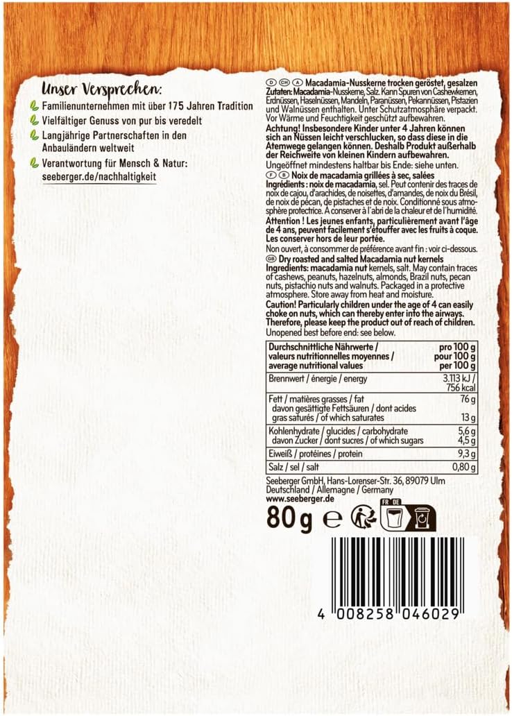 Thumbnail 1 de Seeberger Nox de Macadamia grillées & salées – Noix de macadamia décortiquées, grillées et légèrement salées (13 x 80 g)