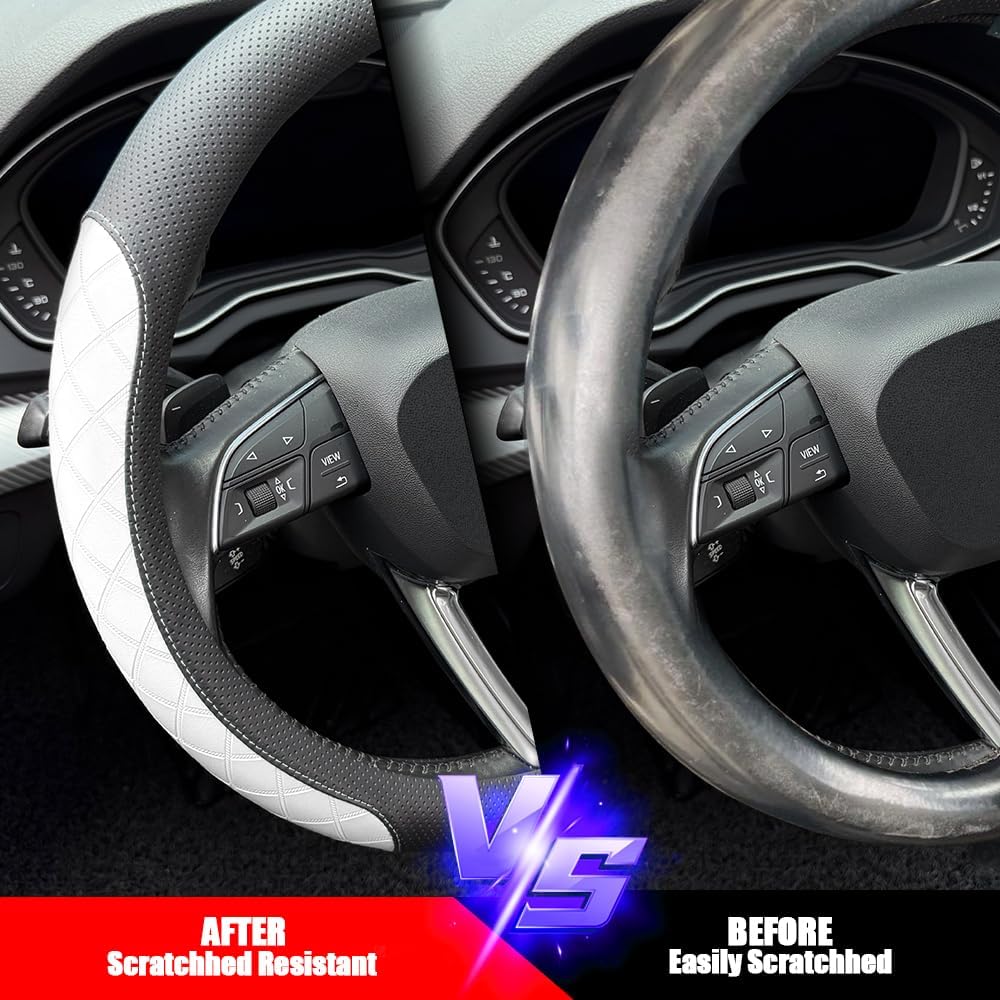 Thumbnail 4 de LKWLIKEI Nappa Leather Steering Wheel Cover – Elegant Diamond Checkered Design for 14.5–15 Inch Wheels
