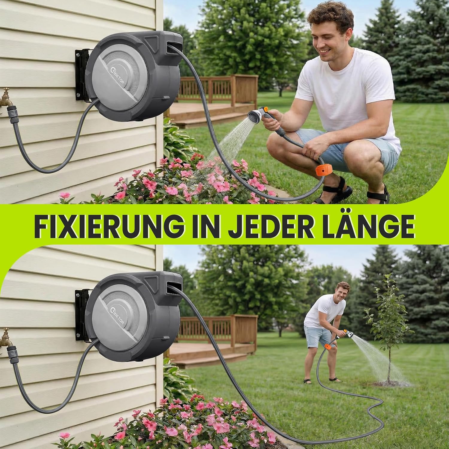 Detalle 2 de Bietor Schlauchtrommel Wasser 45m + 2m – 180° Schwenkbare Wandhalterung, automatische Aufrollung mit 10‑Funktionen Sprühdüse