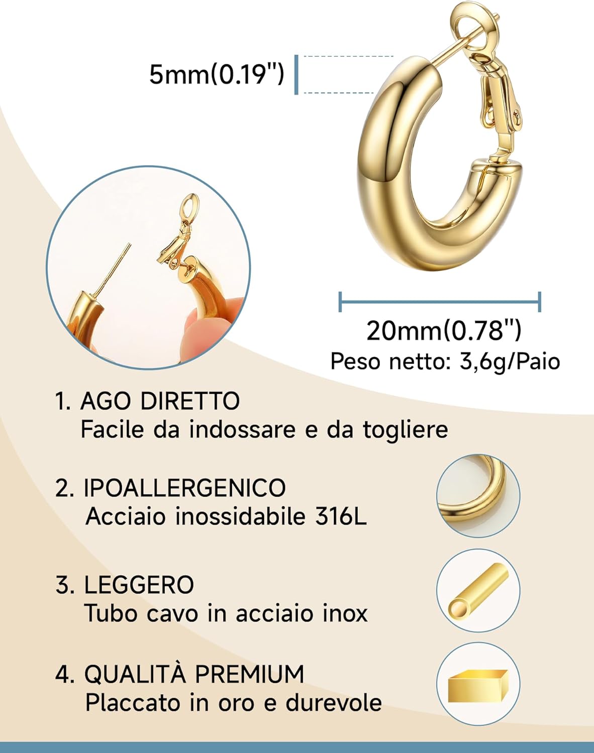 Thumbnail 2 de PROSTEEL Orecchini a Cerchio Oro 30/40/60/80 mm Oversize – Eleganza Minimalista in Acciaio Inox 316L
