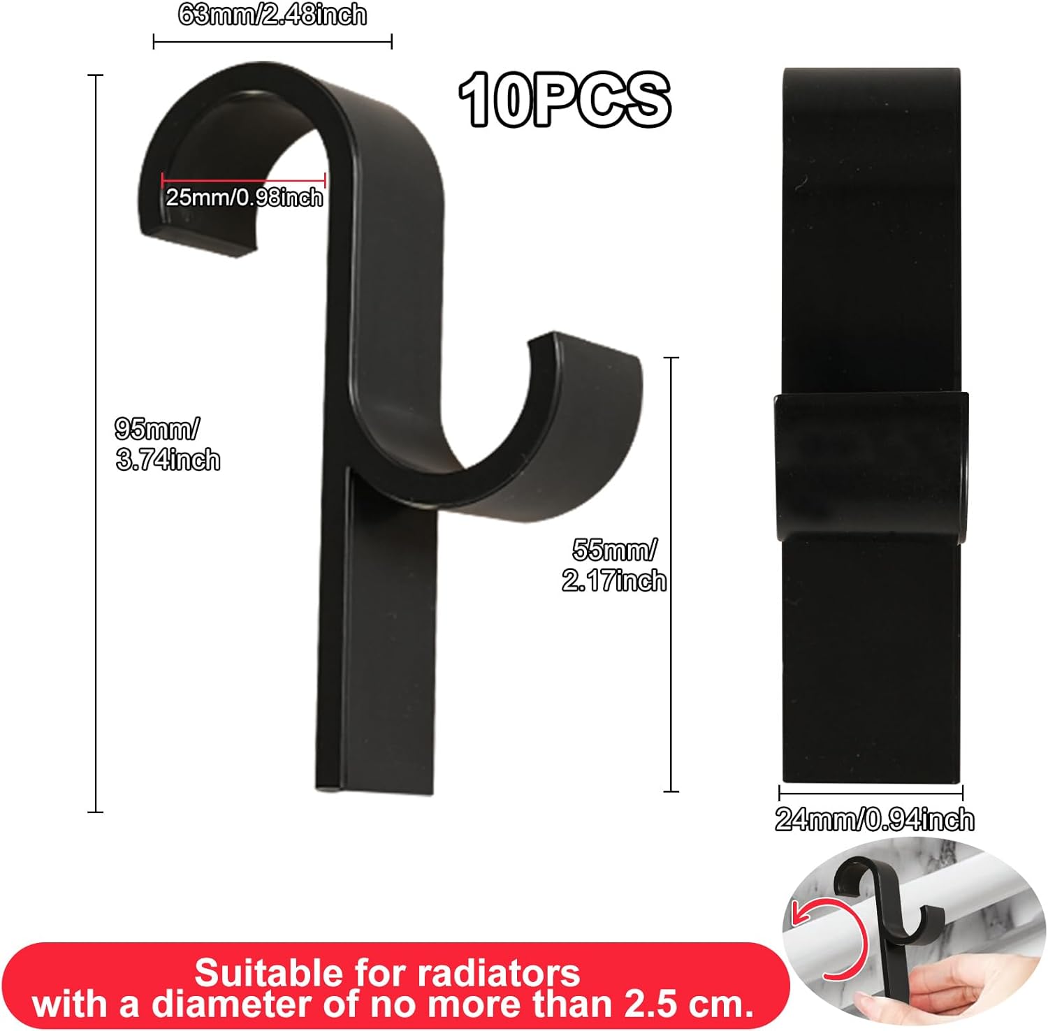 Detalle 2 de Annickee 10 Pcs Towel Round Radiator Brackets Hooks for All Standard Radiators (Black)