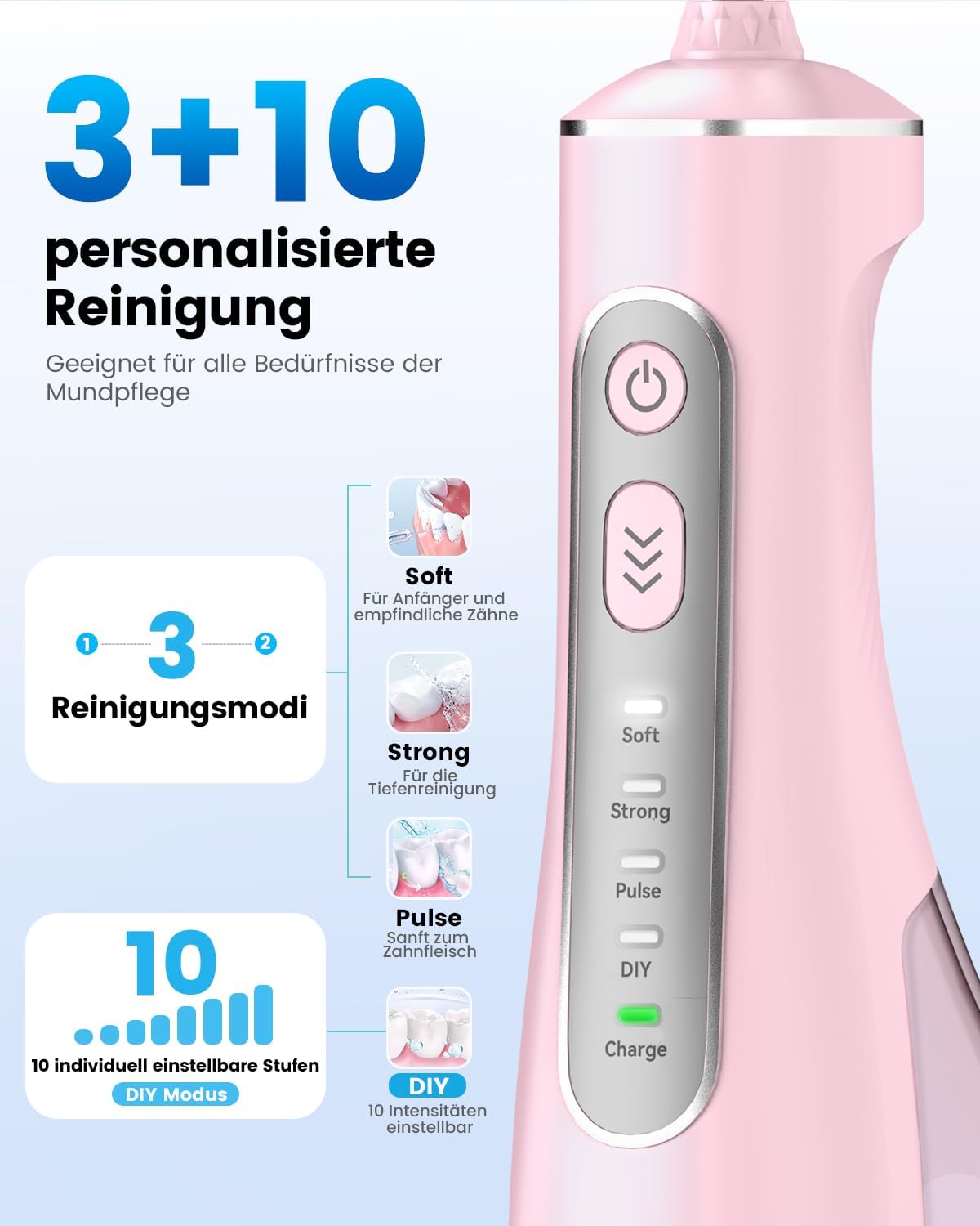 Detalle de JTF Jet Dentaire Hydropulseur Oral — 300 ML Sans Fil, IPX7, 3+1 Modes, Orthodontie et Gencives Sensibles (Rose)