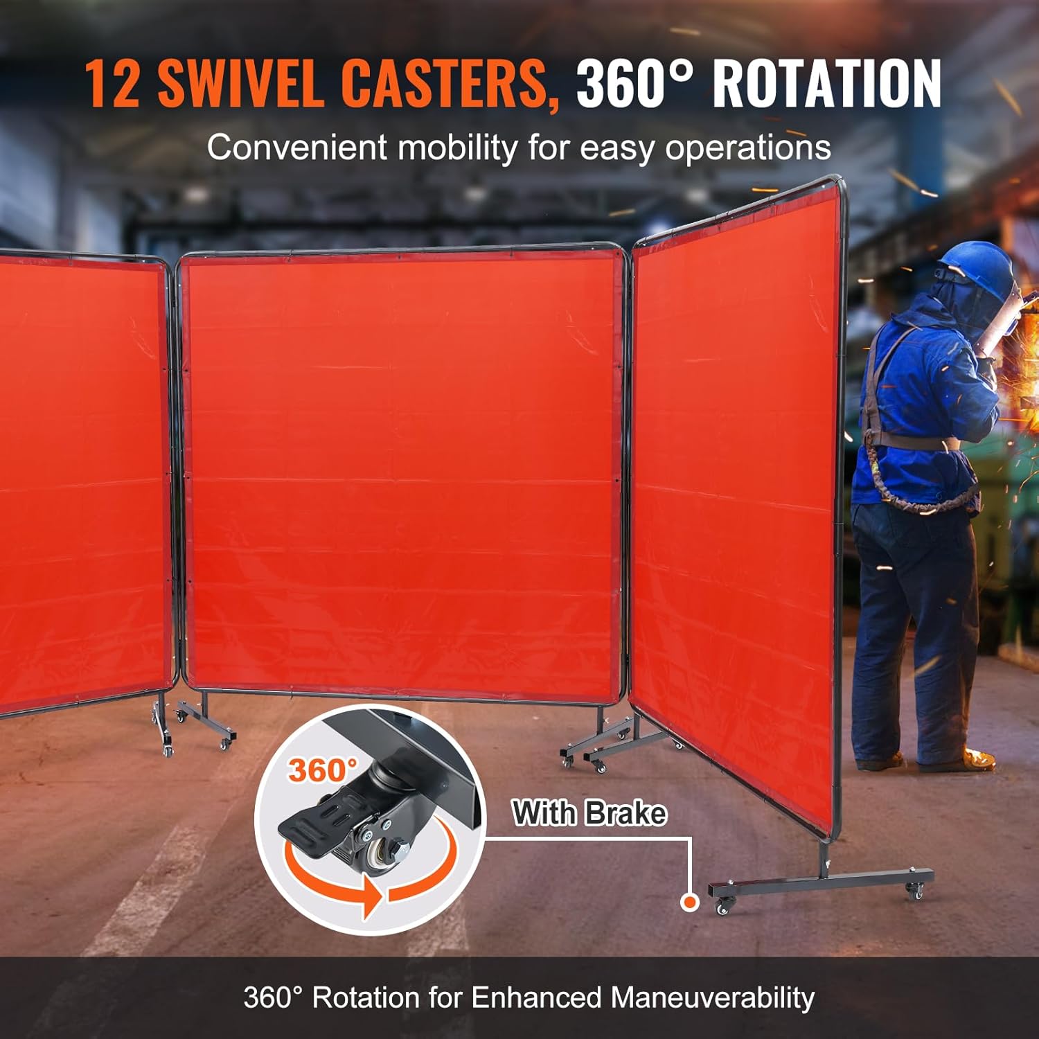 Detalle de VEVOR Welding Screen with Frame – 3-Panel 6' x 6' Moveable Curtain on 12 Wheels