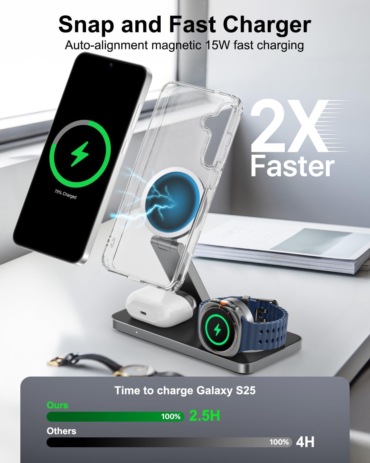 Thumbnail 3 de KEEPRO 3-in-1 Charging Station for Samsung (Magnetic Fast Wireless Charger Stand)