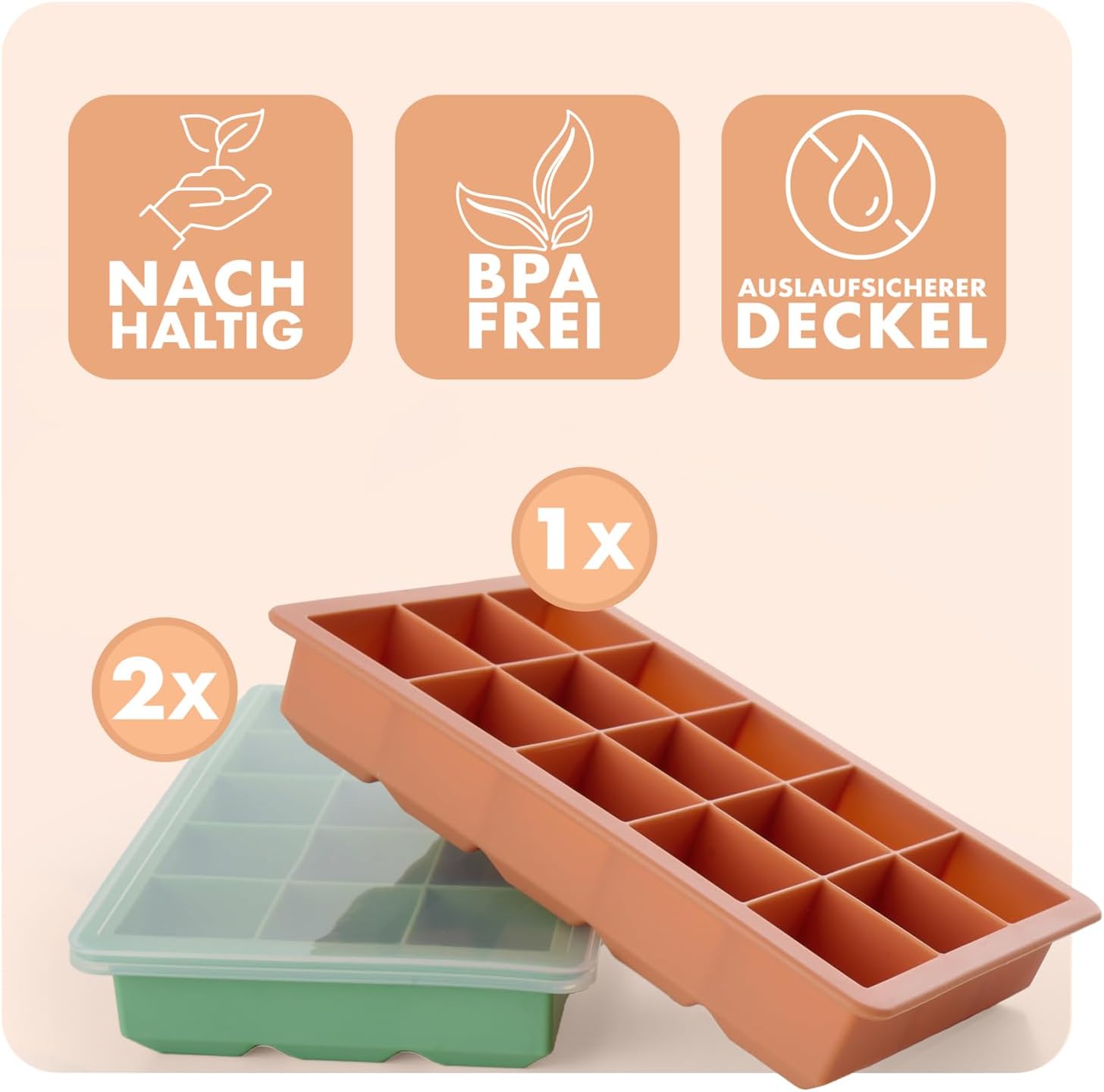 Thumbnail 1 de Blumtal Silikon-Eiswürfelformen 3er-Set: 15er Fächer pro Form mit Deckel, BPA-frei, lebensmittelecht, Olivgrün/Mineralrot