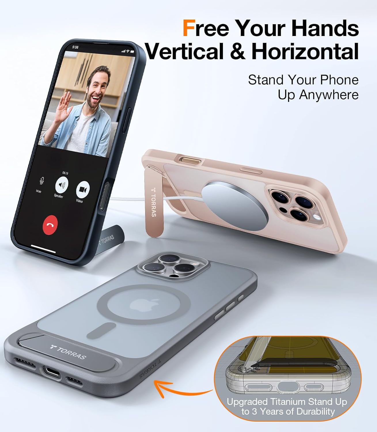 Thumbnail 4 de TORRAS for iPhone 16 Pro Max Case with titanium stand, 25W wireless charging & 19N magnetic hold (Rose Gold)