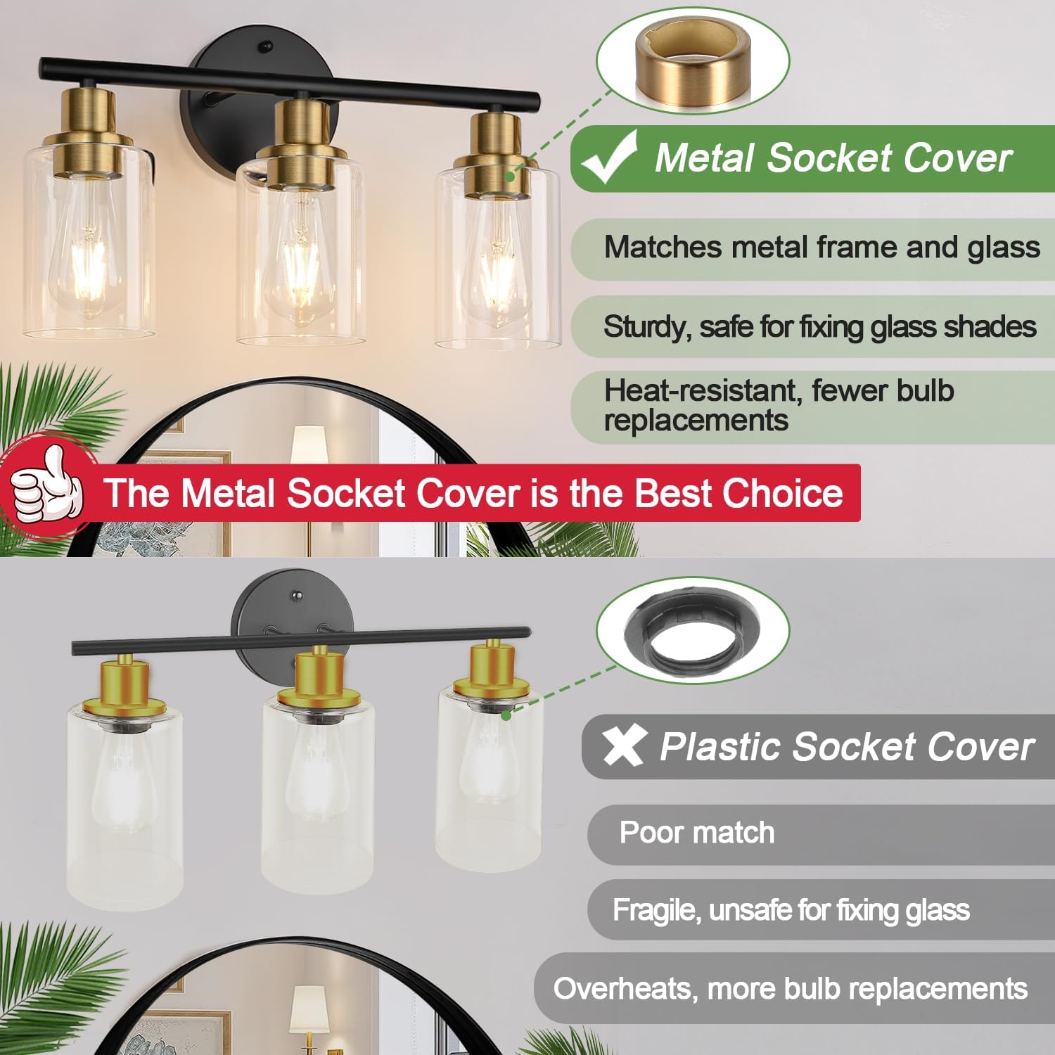 Detalle de Zarbitta Gf-sxbv-49 3-Light Vanity Wall Sconce, Black and Gold