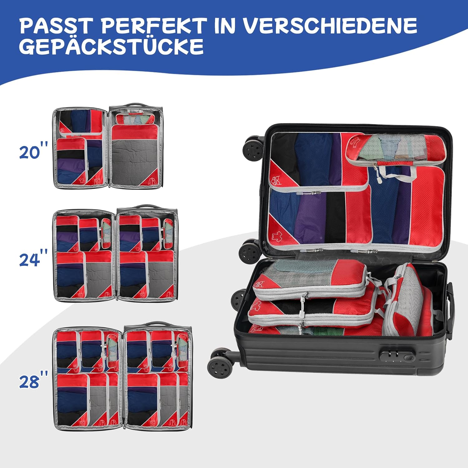 Thumbnail 5 de 5-teiliges Kompressions Packwürfel-Set für Reisen – Ultraleichte Koffer-Organizer aus Ripstop-Polyester (Rot)