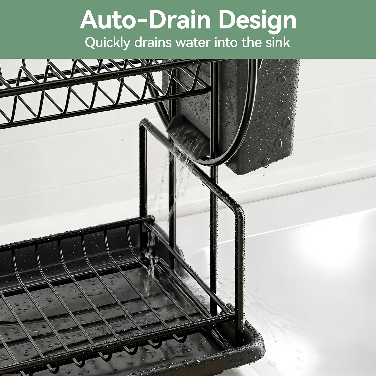 Detalle de niffgaff 2‑Tier Black Dish Drying Rack for Kitchen Countertop – Stainless Steel Drainer with Drip Tray, Utensil Holder & Cup Holder for Small Spaces