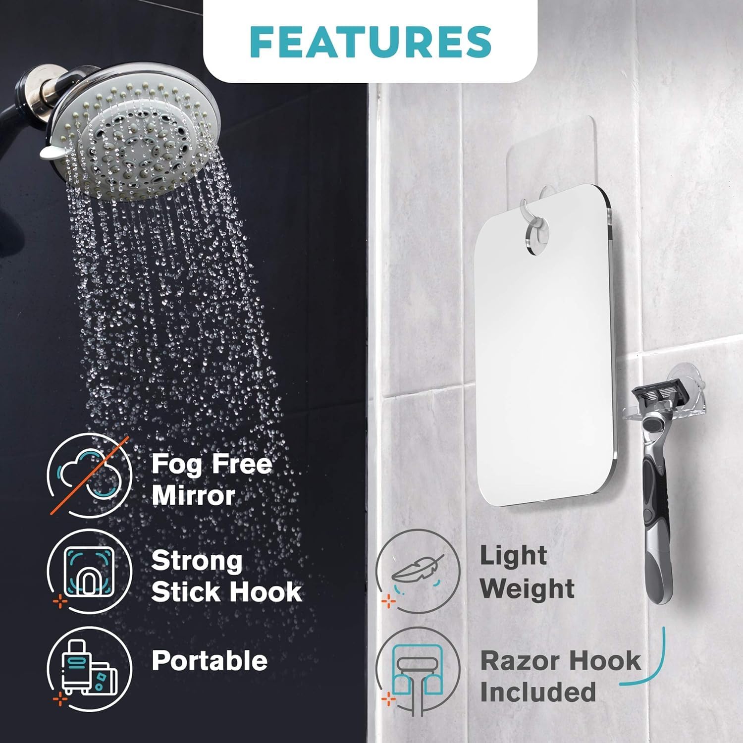 Thumbnail 2 de HONEYBULL Fogless Shower Mirror for Shaving with No-Drill Mount and Razor Hook