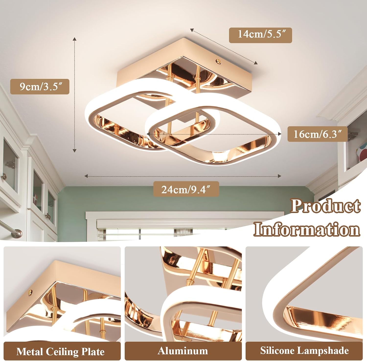 Thumbnail 1 de EIDISUNY 22W LED Square Ceiling Light (Rose Gold) – 4500K Natural White