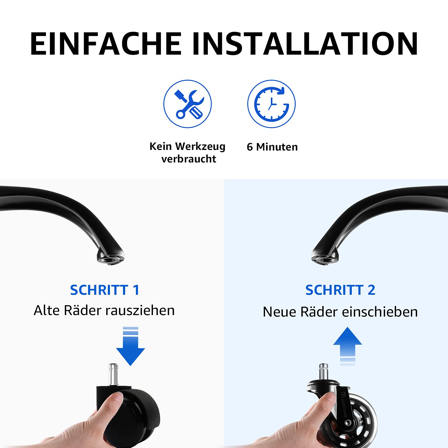 Detalle de Mastery Mart Bürostuhl Rollen 5er-Set für Hartboden (11 mm x 22 mm, 75 mm) – Polyurethan, geräuscharm