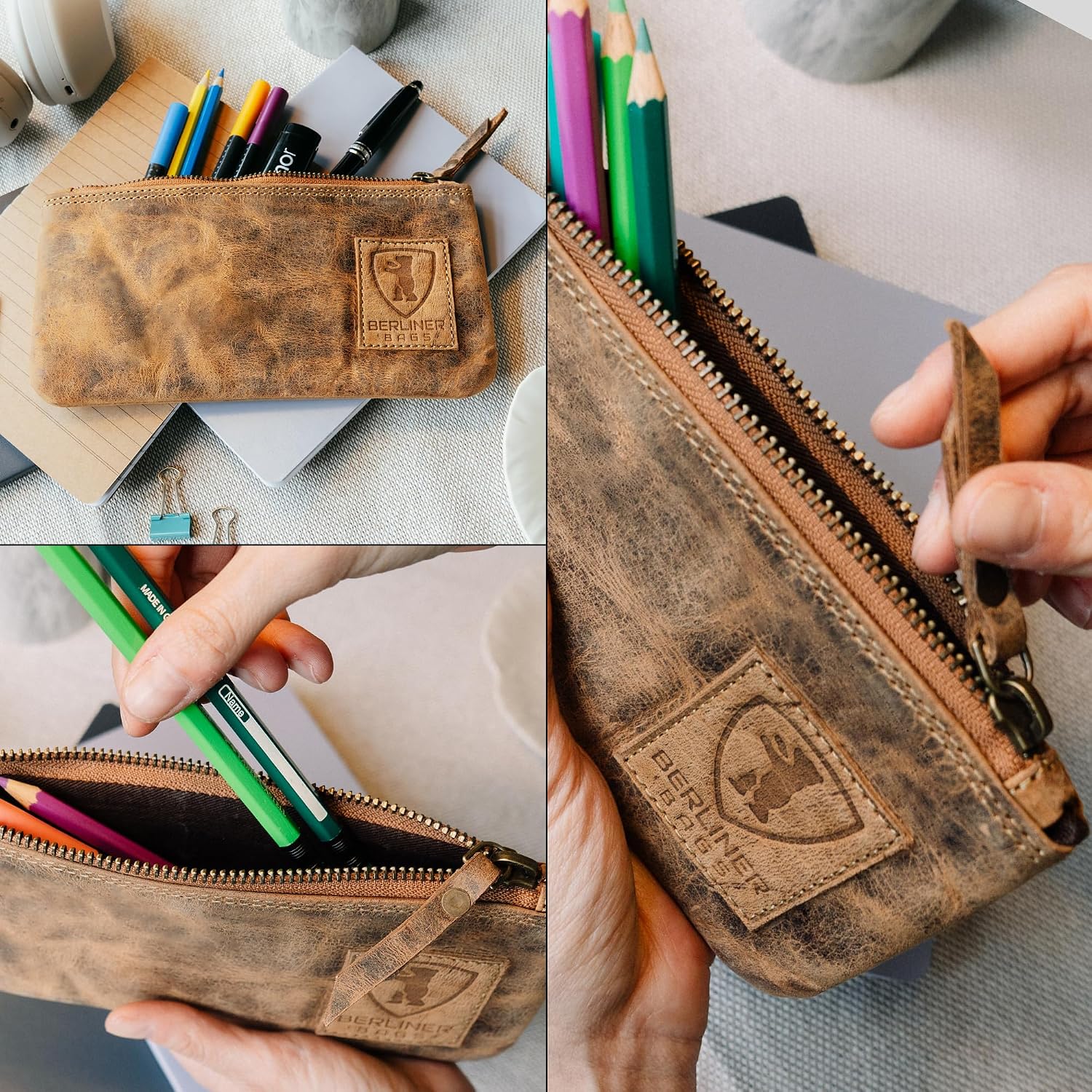 Detalle de Berliner Bags Vintage Federmäppchen aus Leder mit YKK-Reißverschluss – Braun (20 x 11 x 1 cm)