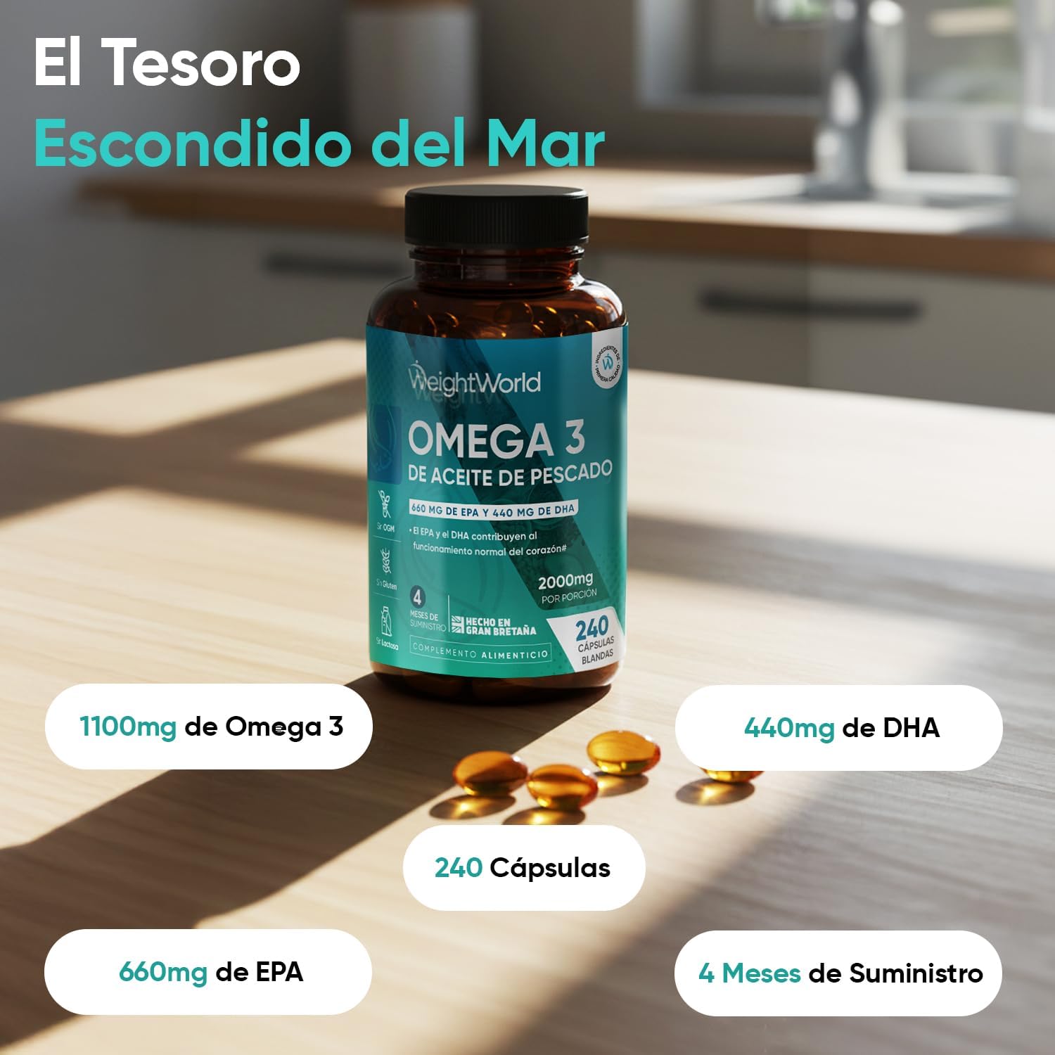 Detalle 2 de Omega 3 2000mg - 240 Perlas de Aceite de Pescado 🐟
