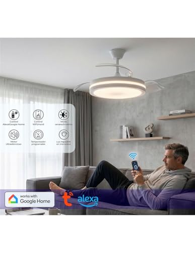 Thumbnail 2 de Jardin202 Ventilador de techo con aspas retráctiles, motor DC y WiFi (50 cm) con mando y luz LED regulable