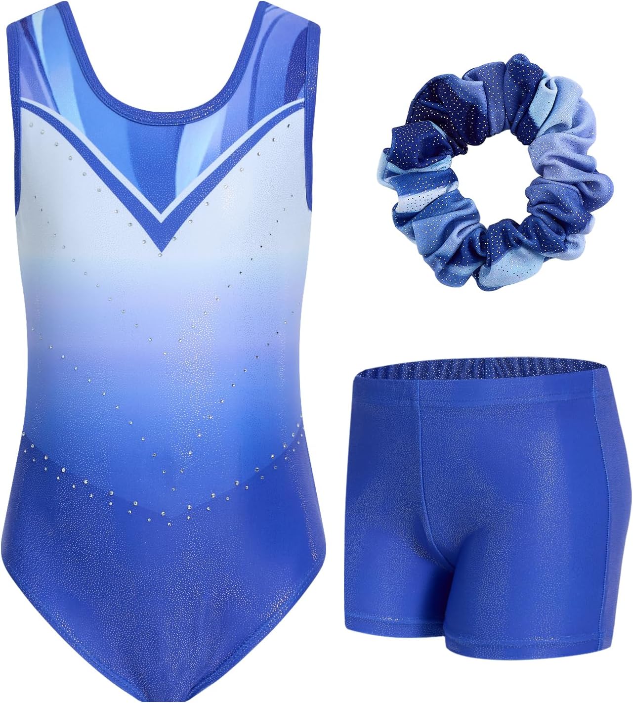 Detalle de JiAmy gymnastikdräkt för flickor med glitter, shorts och scrunchie