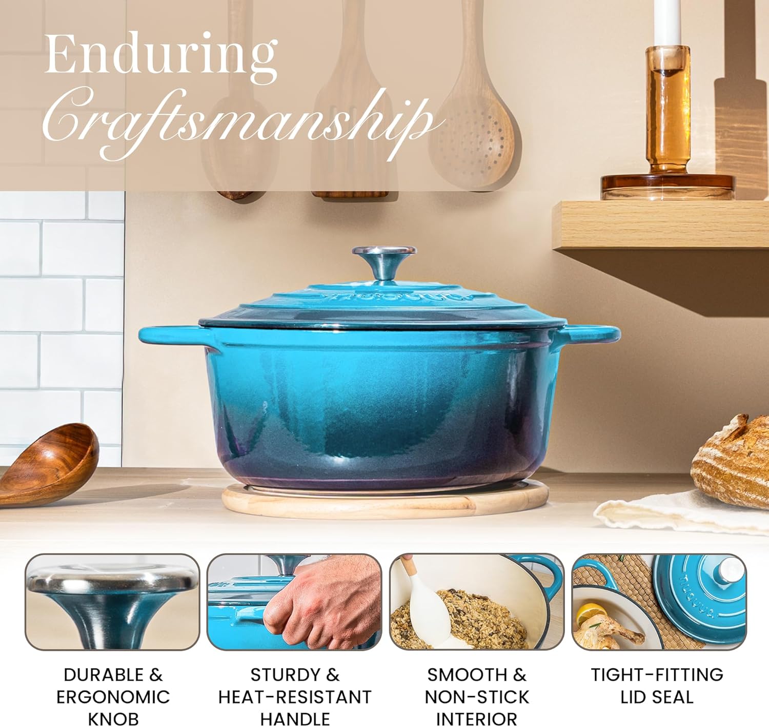Thumbnail 6 de Nuovva Enamelled Cast Iron Dutch Oven Pot with Lid – 5 Quart, 24cm, Blue