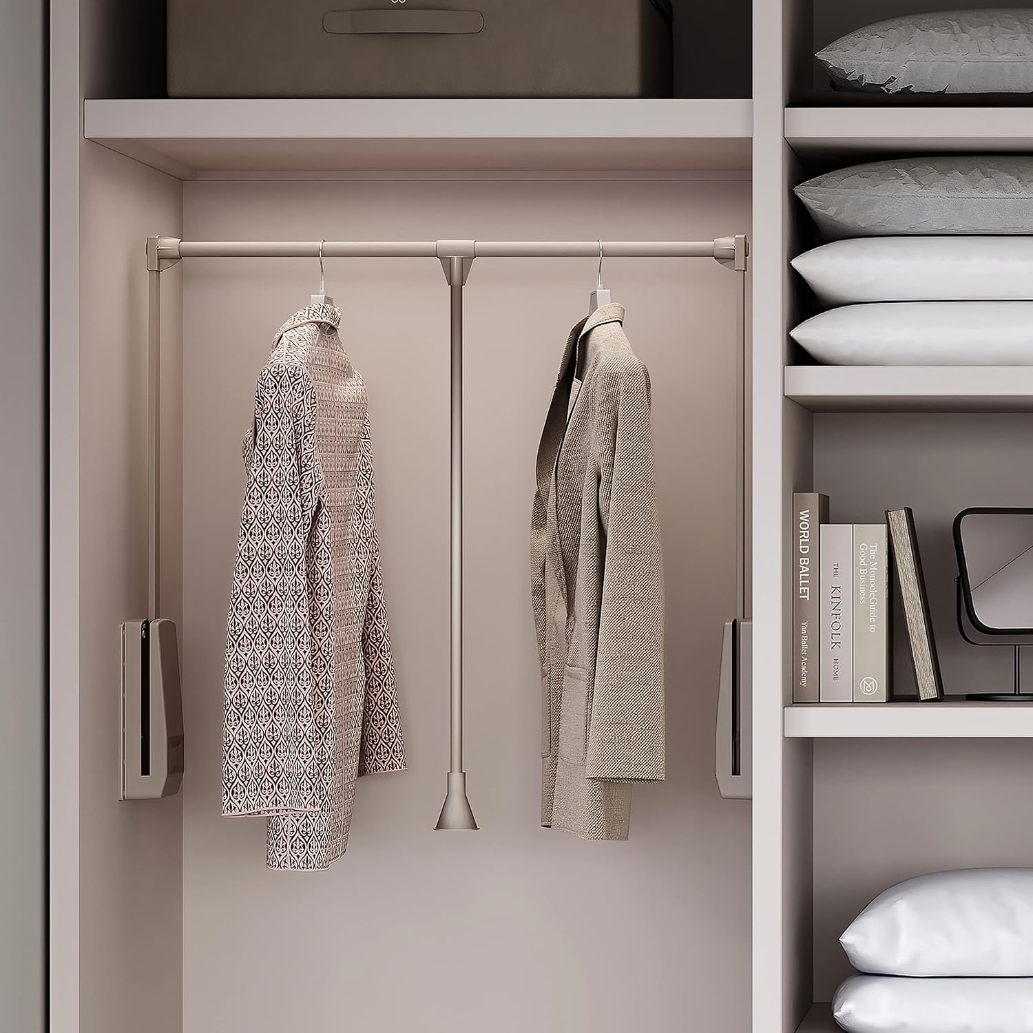Thumbnail 3 de Emuca – Barre de penderie escamotable, tringle relevable pour armoire, largeur réglable 830–1150 mm, gris pierre