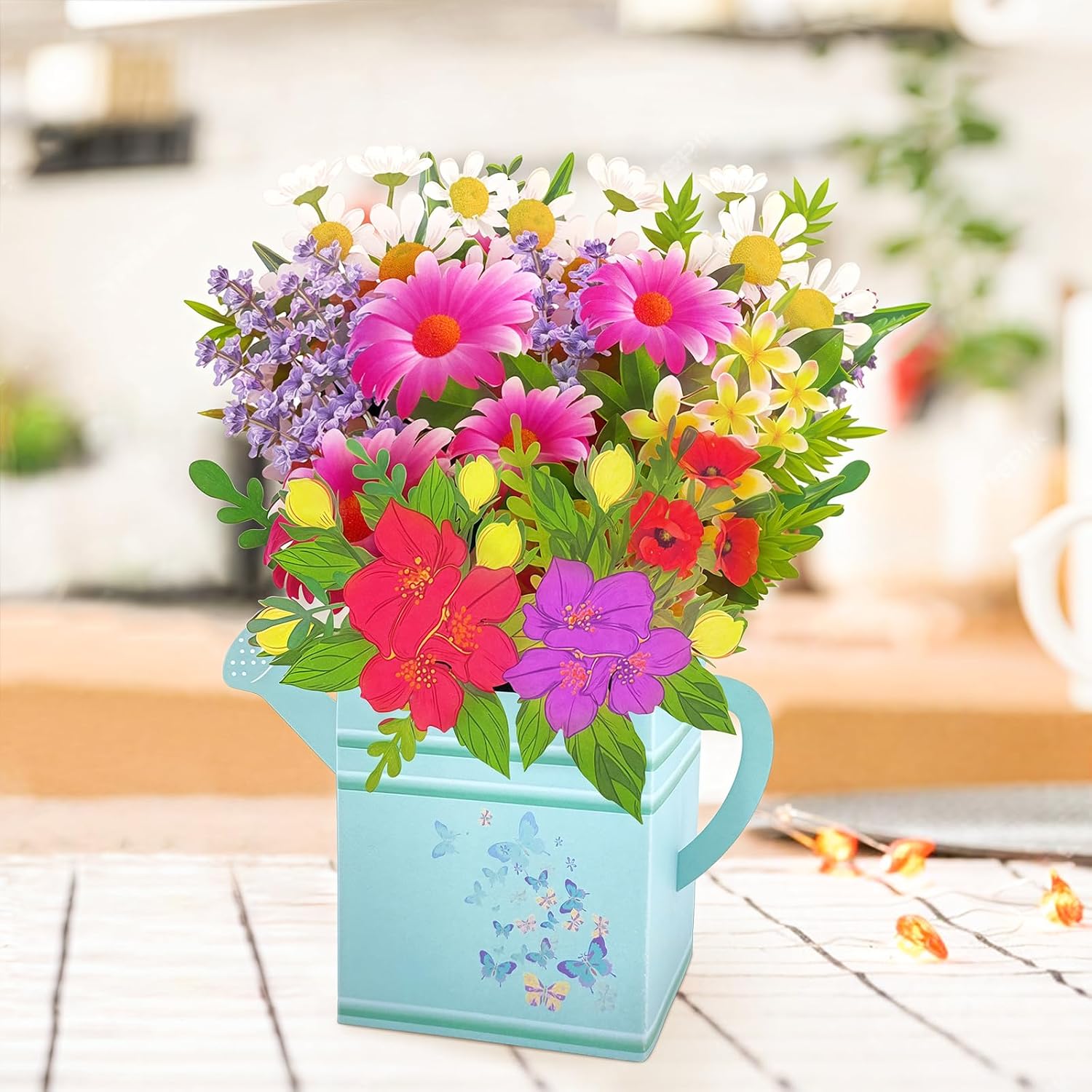 Detalle de Hierein Pop Up Birthday Cards for Women: Blue Watering Can Flower Bouquet